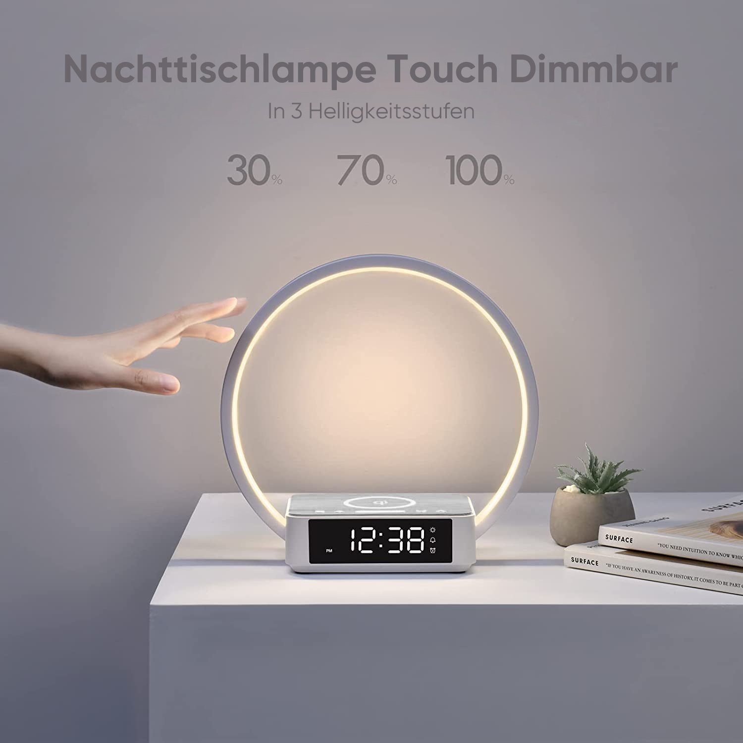 integriert, WILIT Helligkeitsstufen Wecker, Zeitanzeige fest Aufwachlicht, Wohnzimmer, Schreibtischlampe Warmweiß, Tischlampen Kabellos Ladefunktion und mit und LED Grau LED LED Tischleuchte 3 Weiß