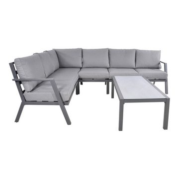 GMD Living Eckbankgruppe MARAH, (Eckbank Loungeset, 5-tlg., bestehend aus 3 Sofas, 1 Eckteil & 1 Tisch inkl. Polsterkissen), 5mm Glastischplatte in Keramikoptik, otudoorgeeignet