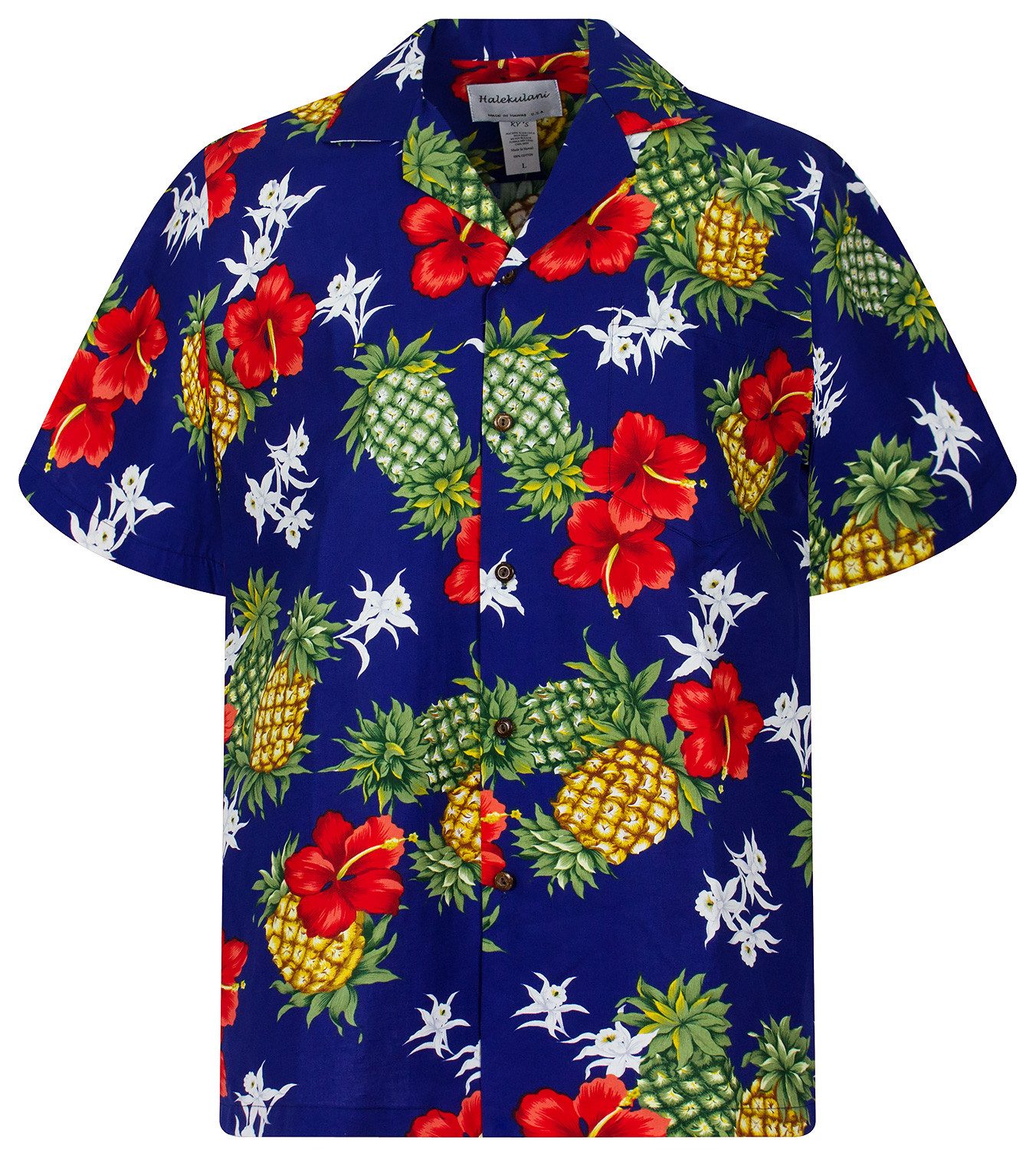 KY's Hawaiihemd "Ananas" Herren Kurzarm Baumwolle Kokosknöpfe Original Hawaii