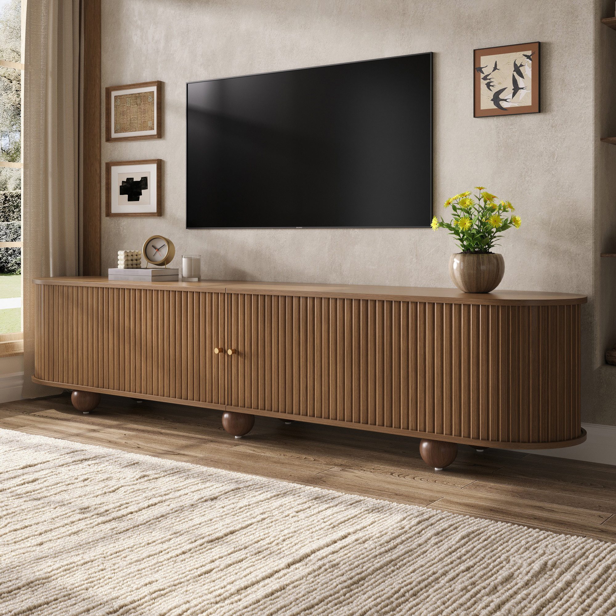 Merax Lowboard im Retro-Design, TV Möbel mit vertikal geriffelten Türen (1 St), TV Schrank mit Schiebetüren, Kugelfüßen & Stauraum, 180×35×45cm