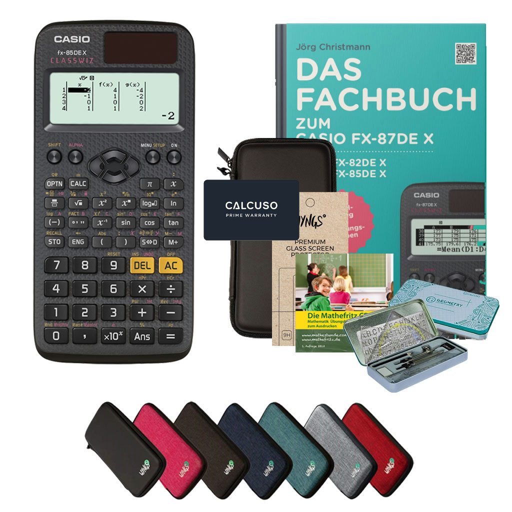 CASIO Taschenrechner fx-85DE X - Premium Set inkl. Schutztasche Schwarz & Fachbuch uvm.