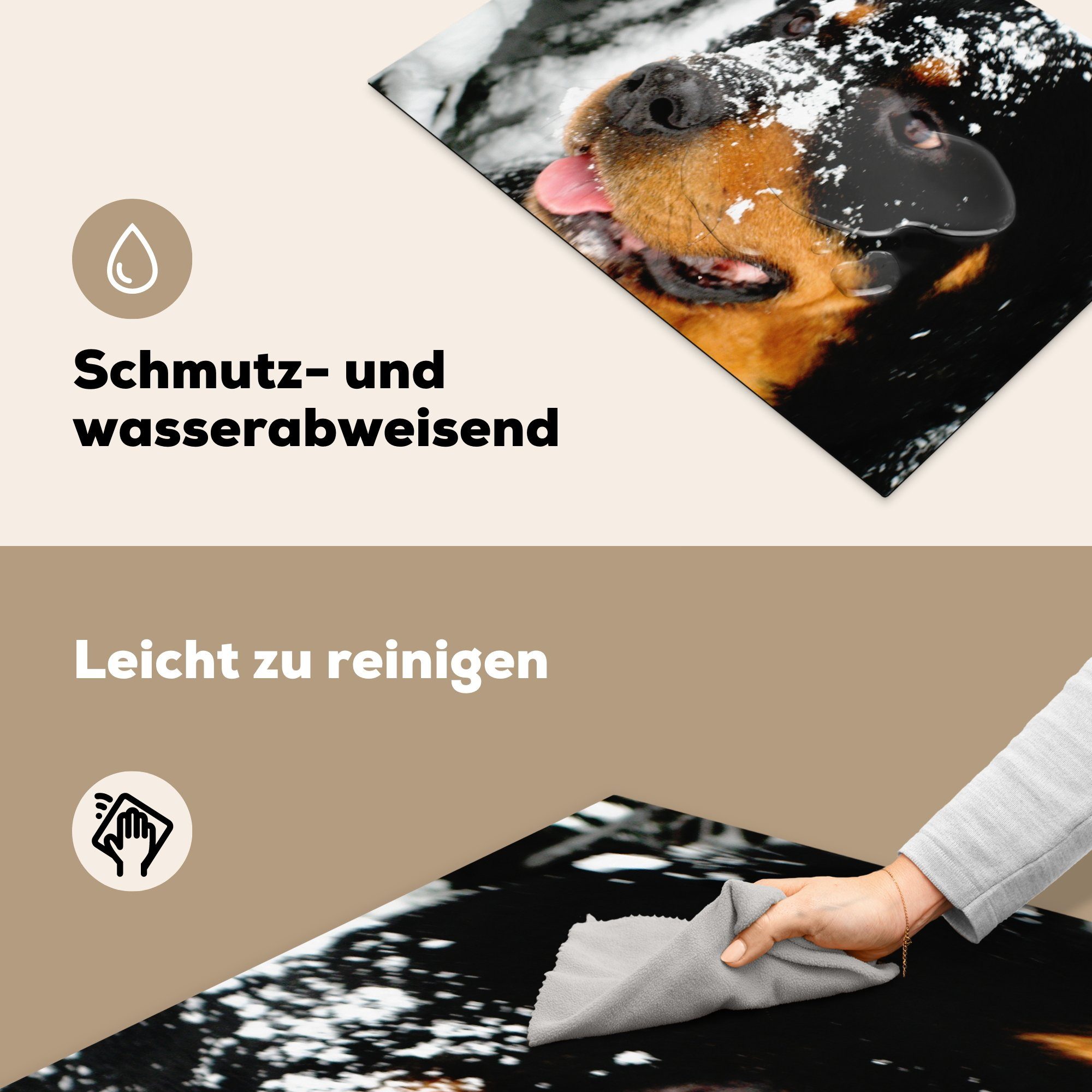 MuchoWow Herdblende-/Abdeckplatte Schöner Rottweiler im Mobile (1 cm, Arbeitsfläche Schnee, 70x52 nutzbar, Ceranfeldabdeckung tlg), Vinyl