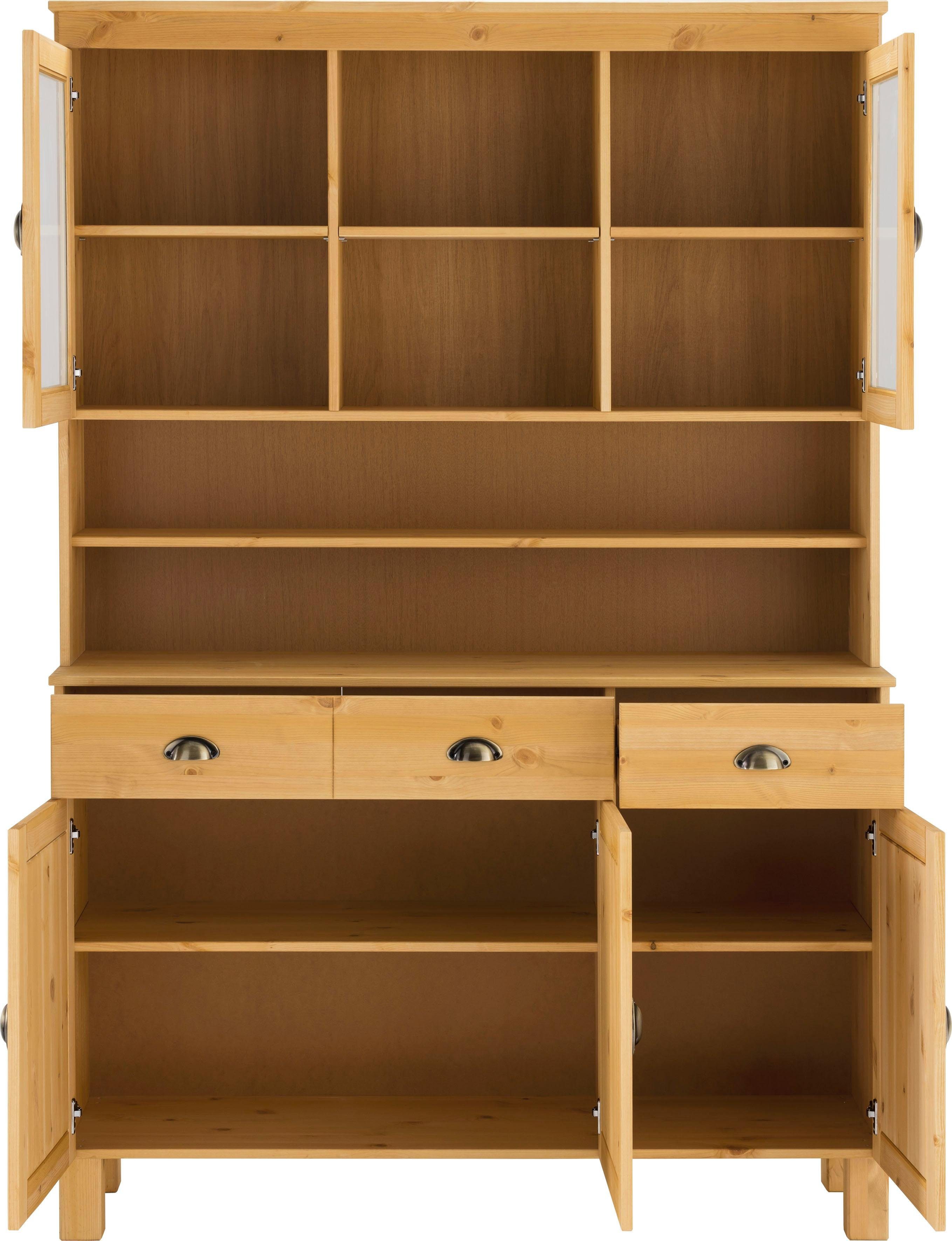 Home affaire Küchenbuffet Oslo 125 cm breit, aus massiver Kiefer, mit 2 Glastüren, Metallgriffe
