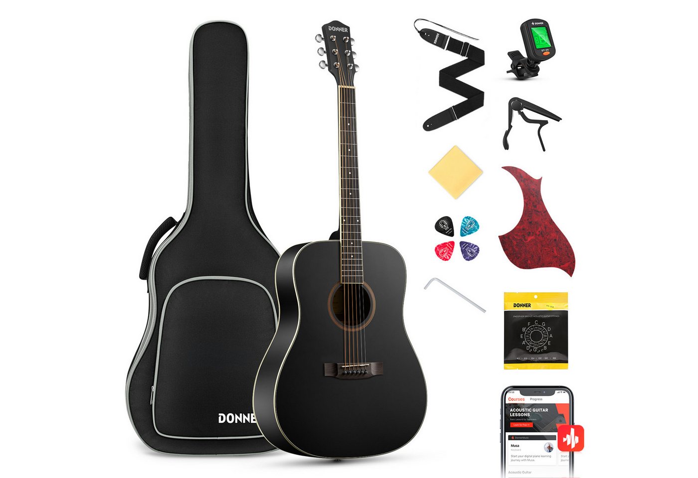 Donner Akustikgitarre Akustikgitarre in voller Größe 41 Zoll DAG-1CB, Komplettset, mit Gigbag, Gurt, Stimmgerät, Schlagbrett, für Anfänger in voller Größe komplettes Anfängerset