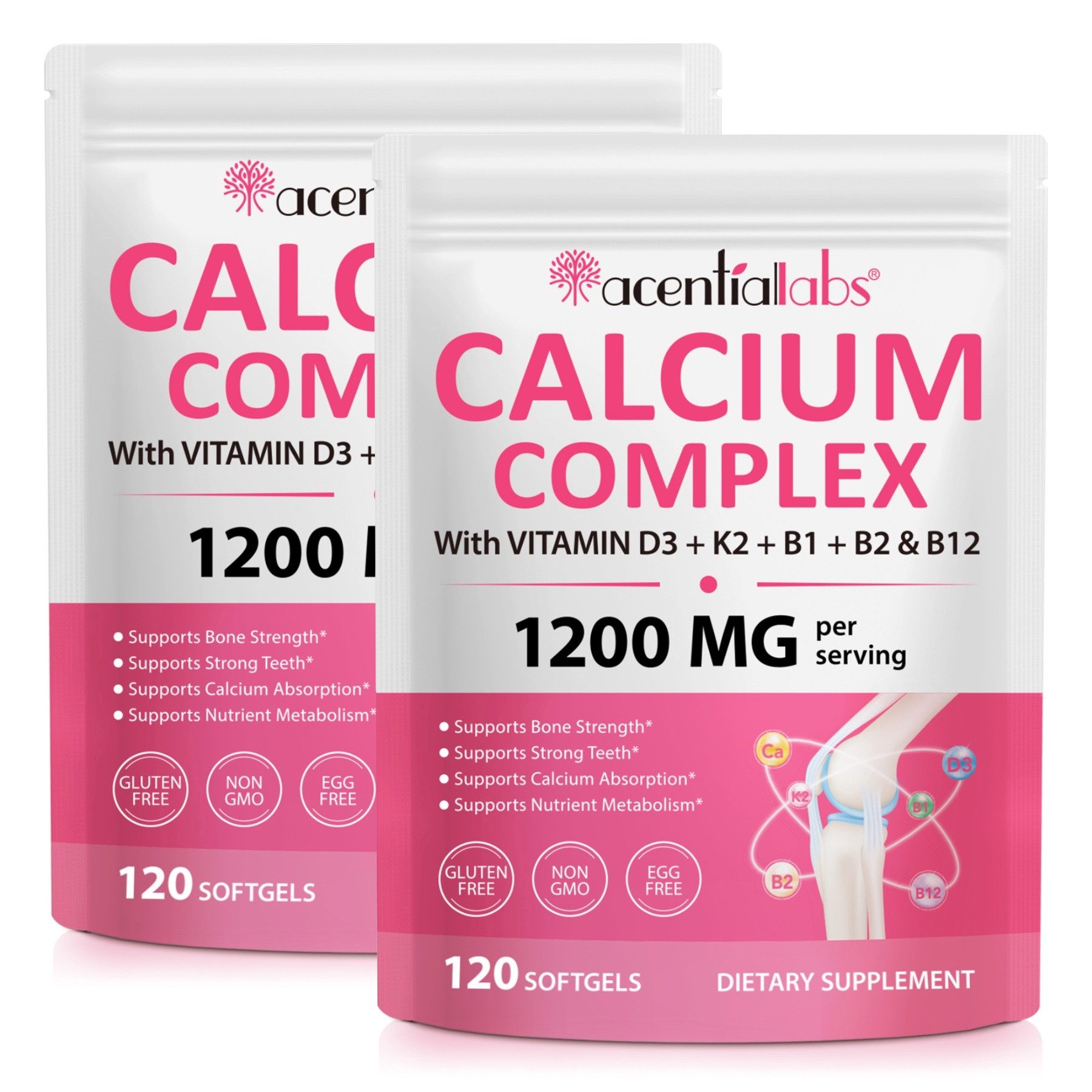 Acentiallabs Calcium Komplex 1200mg Vitamin D3 K2 B1 B2 B12 Knochen Zähne Softgels, Allgemeines Wohlbefinden, Bodybuilding, Fitness