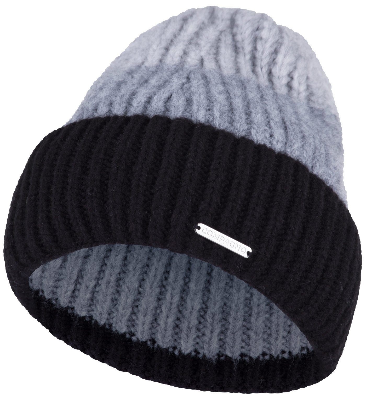 compagno Strickmütze (1-St) Klassische Beanie Wintermütze Strickmütze Damen mit breiter Krempe schwarz