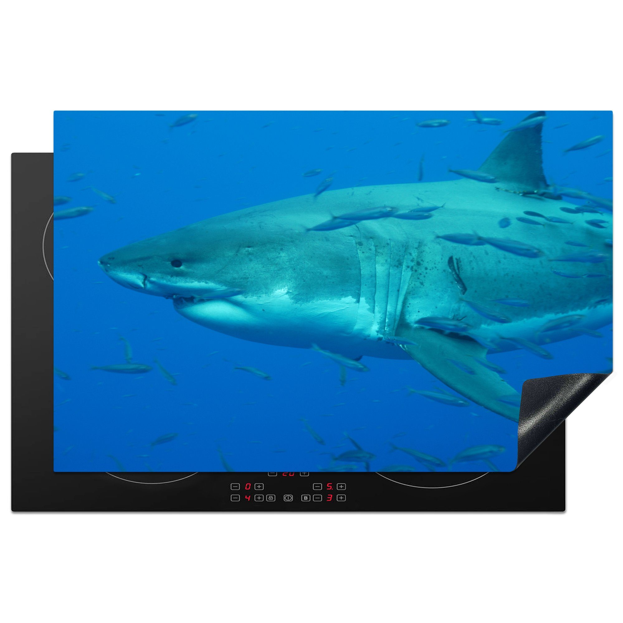 MuchoWow Herdblende-/Abdeckplatte Ein großer weißer Hai in einem Fischschwarm, Vinyl, (1 tlg), 81x52 cm, Induktionskochfeld Schutz für die küche, Ceranfeldabdeckung