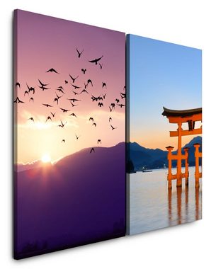Sinus Art Leinwandbild 2 Bilder je 60x90cm Vogelschwarm Schrein Miyajima Japan Hiroshima Sonnenuntergang Berge