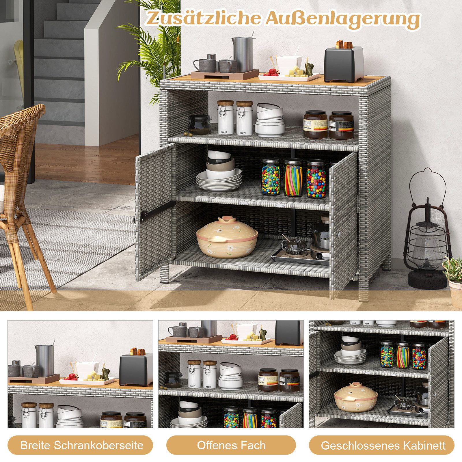 COSTWAY Garten-Geräteschrank, BxT: 90x53 cm, outdoor, Holz & Rattan, wetterfest, 90x53x86cm