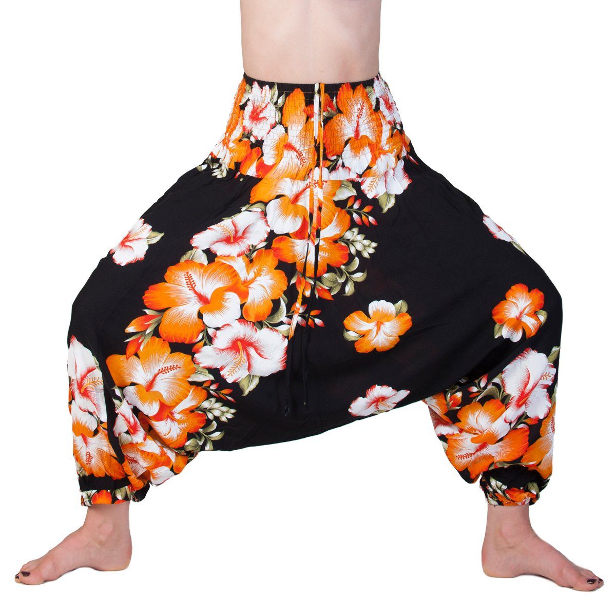 PANASIAM Relaxhose Aladinhose Butterfly Haremshose in Pluderhose bequeme für Damen 100% natürlicher aus Viskose Pumphose Hibiskus orange Freizeithose