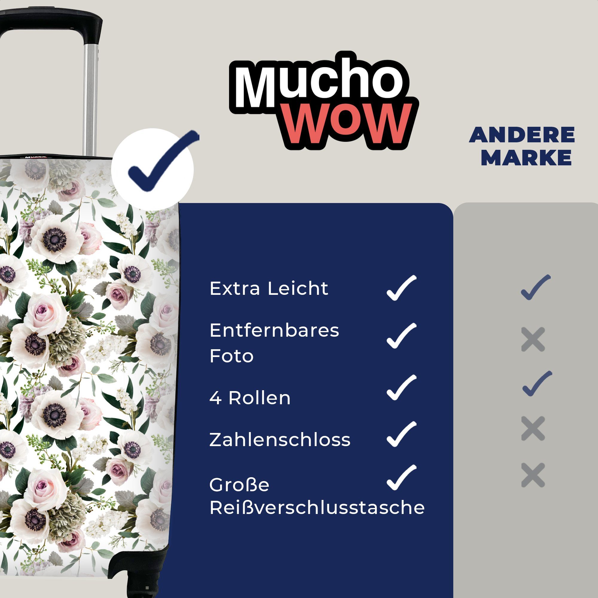 MuchoWow Reisetasche Rosen - Trolley, Handgepäckkoffer Reisekoffer Anemone, 4 Ferien, - Rollen, mit für rollen, Blumen Handgepäck