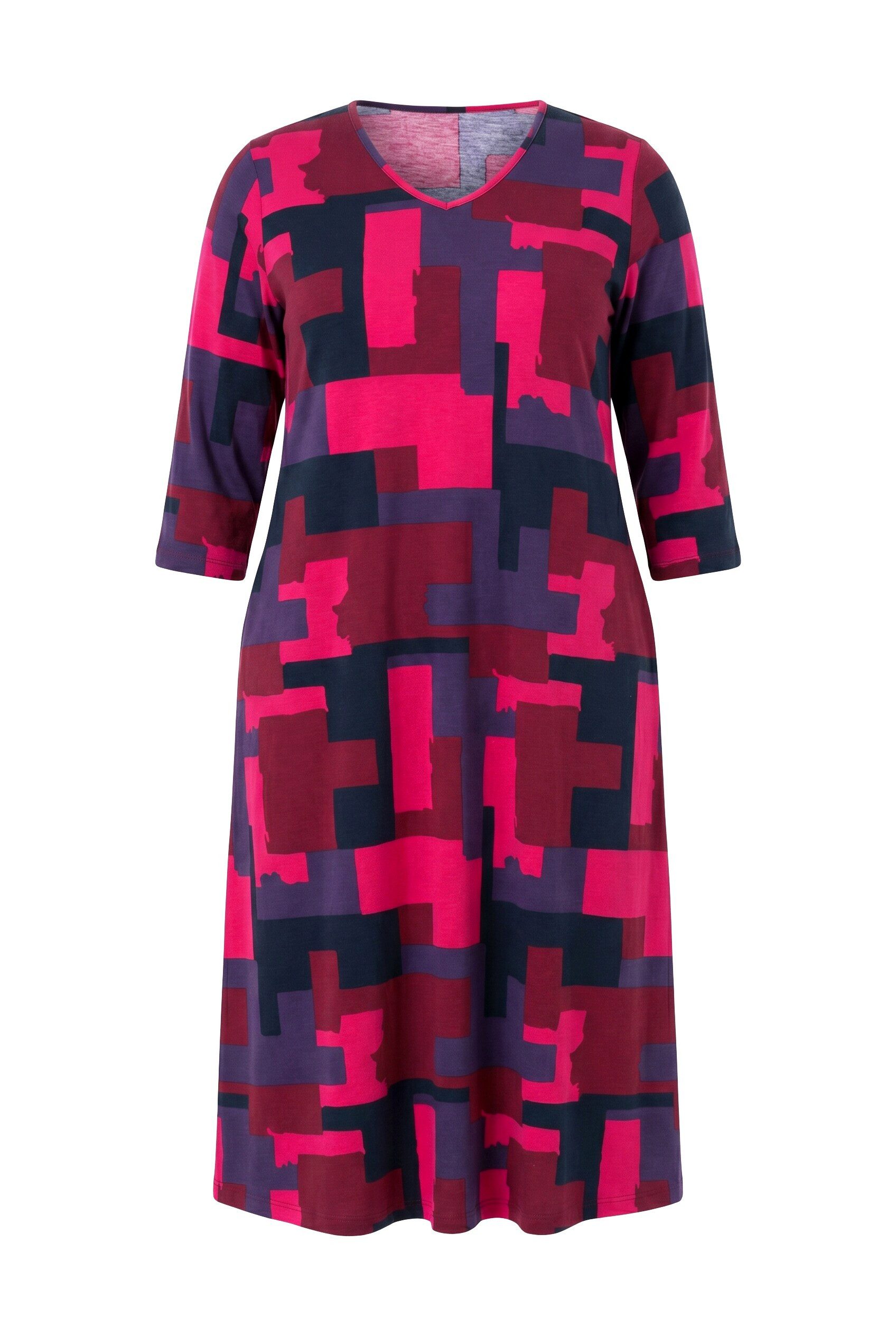 Ulla Popken Maxikleid Maxikleid grafischer Druck V-Ausschnitt 3/4-Arm