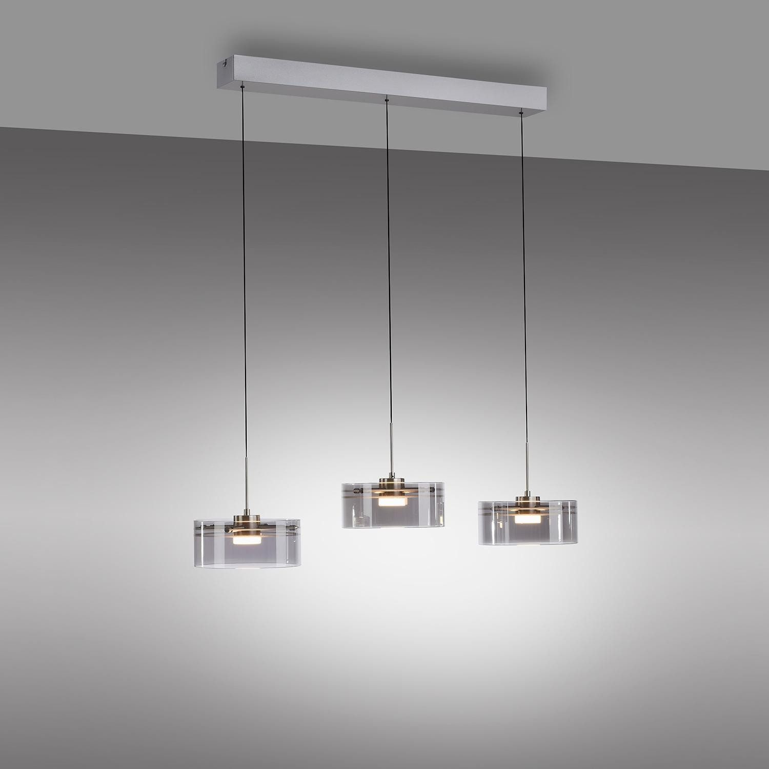 MONDO LED Pendelleuchte KARENA, 3-flammig, Rauchfarben, Stahlgrau, Metall, Höhenverstellbar, LED fest integriert, Extra-Warmweiß, Rauchglas, B 74 x H 180 x T 18 cm