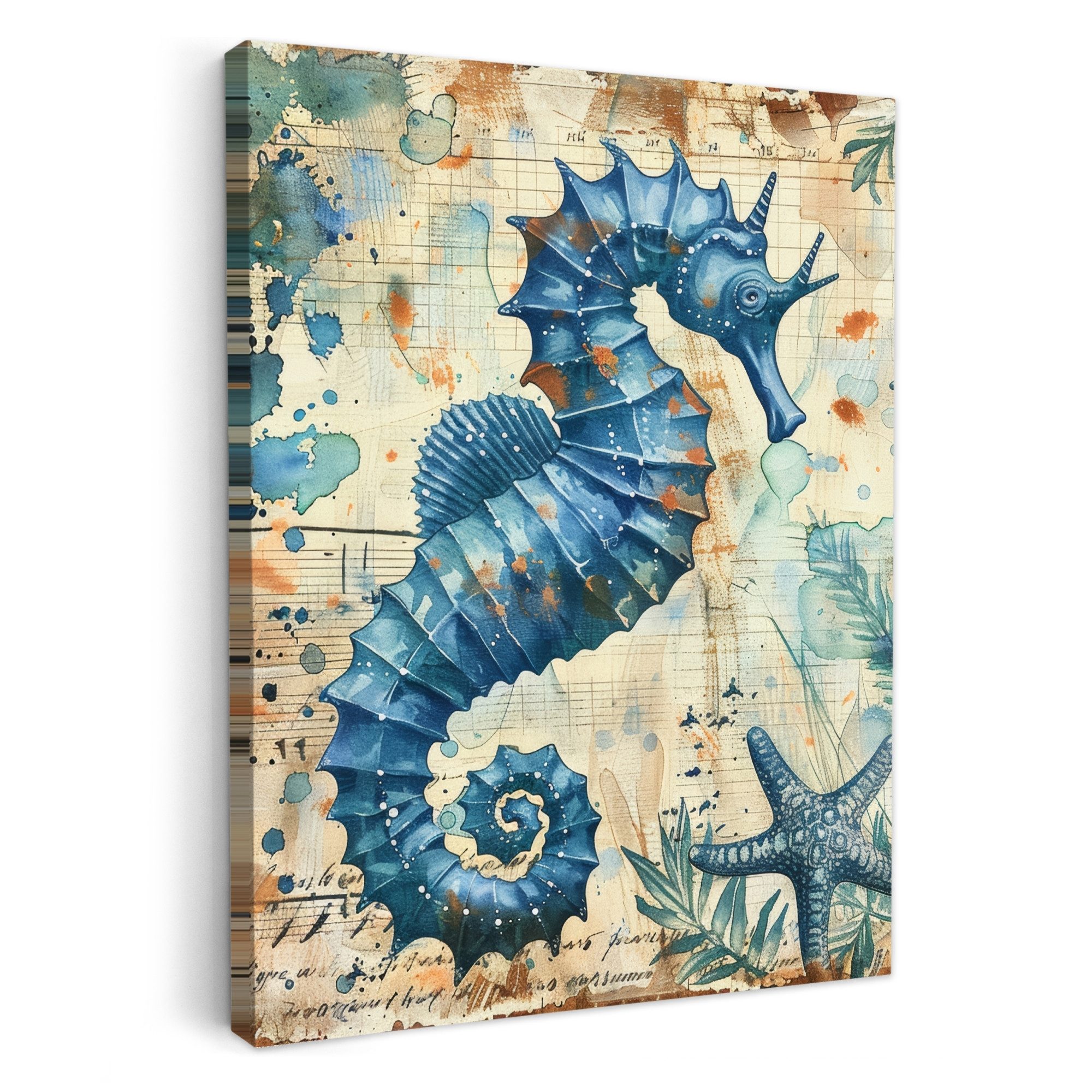 OneMillionCanvasses® Leinwandbild Vintage - Meerestiere - Seepferdchen - Aquarell - Blau, Fotodruck (1 St), Badezimmer Deko, Изображения Bad, Gäste WC Wanddeko 30x40 cm