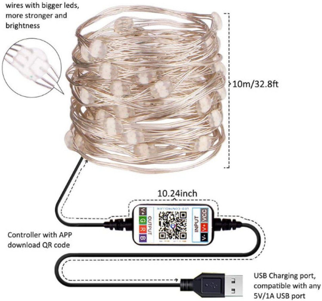 PRECORN LED-Lichterkette LED Lichterkette 10 m 100 Leds zum Dekorieren inkl. USB Aufladung