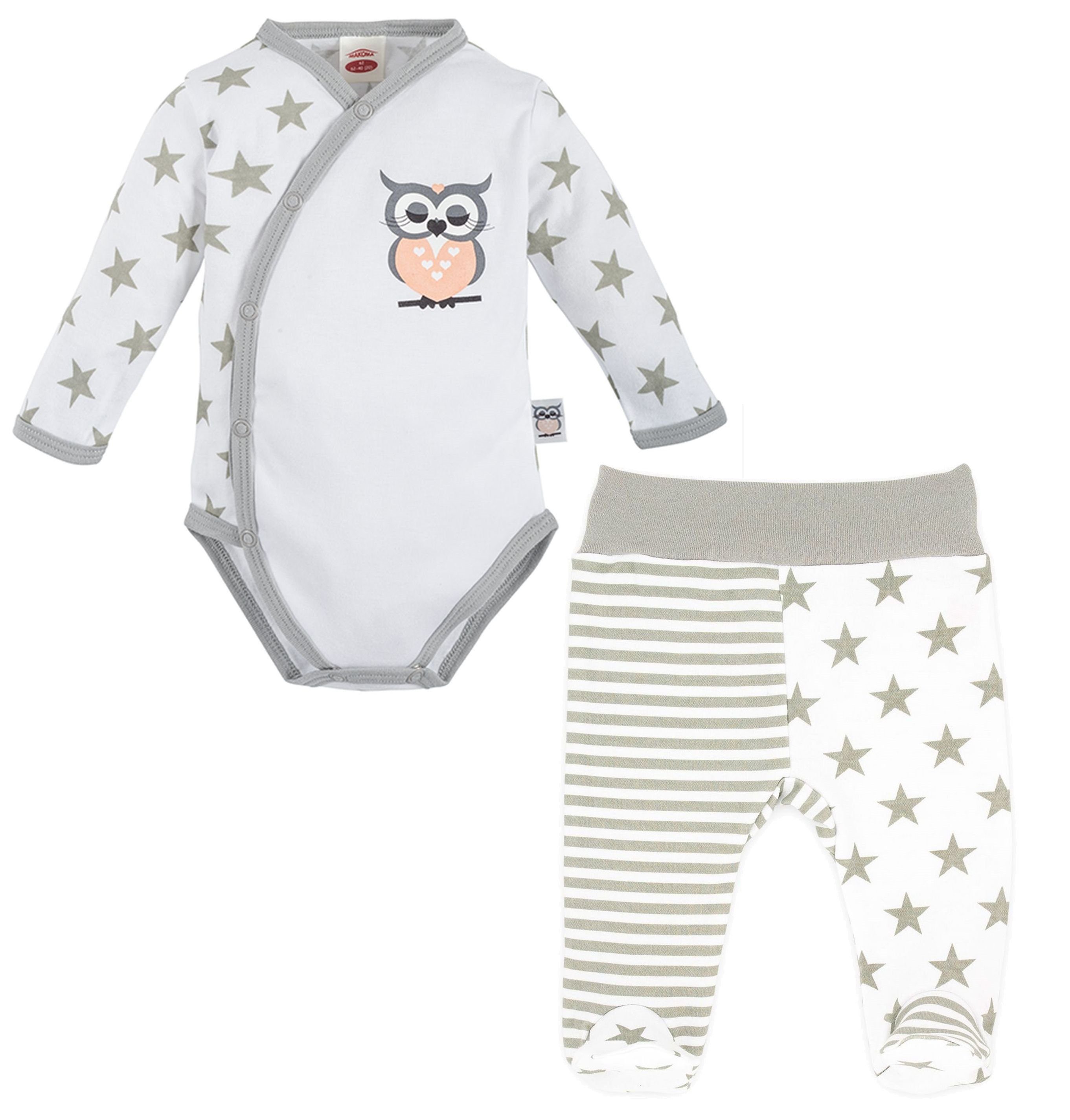 Makoma Body & Hose Baby Erstausstattung Wickelbody & Hose mit Fuß Mädchen Eule Sterne (Set, 2-tlg) 100% Baumwolle