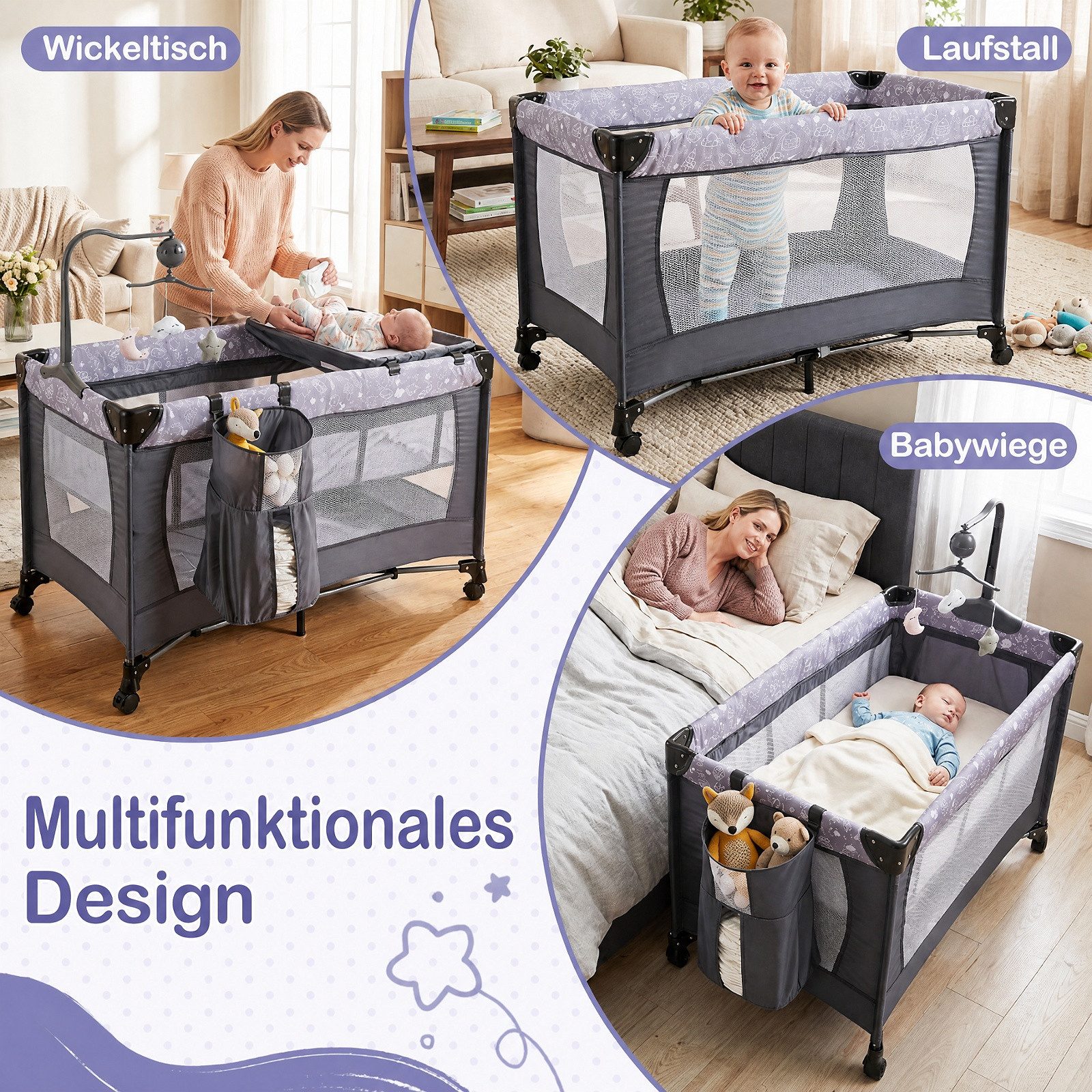 COSTWAY Beistellbett 3 in 1 Reisebett, klappbar, 1-tlg., Stubenwagen mit Matratze, Wickelauflage