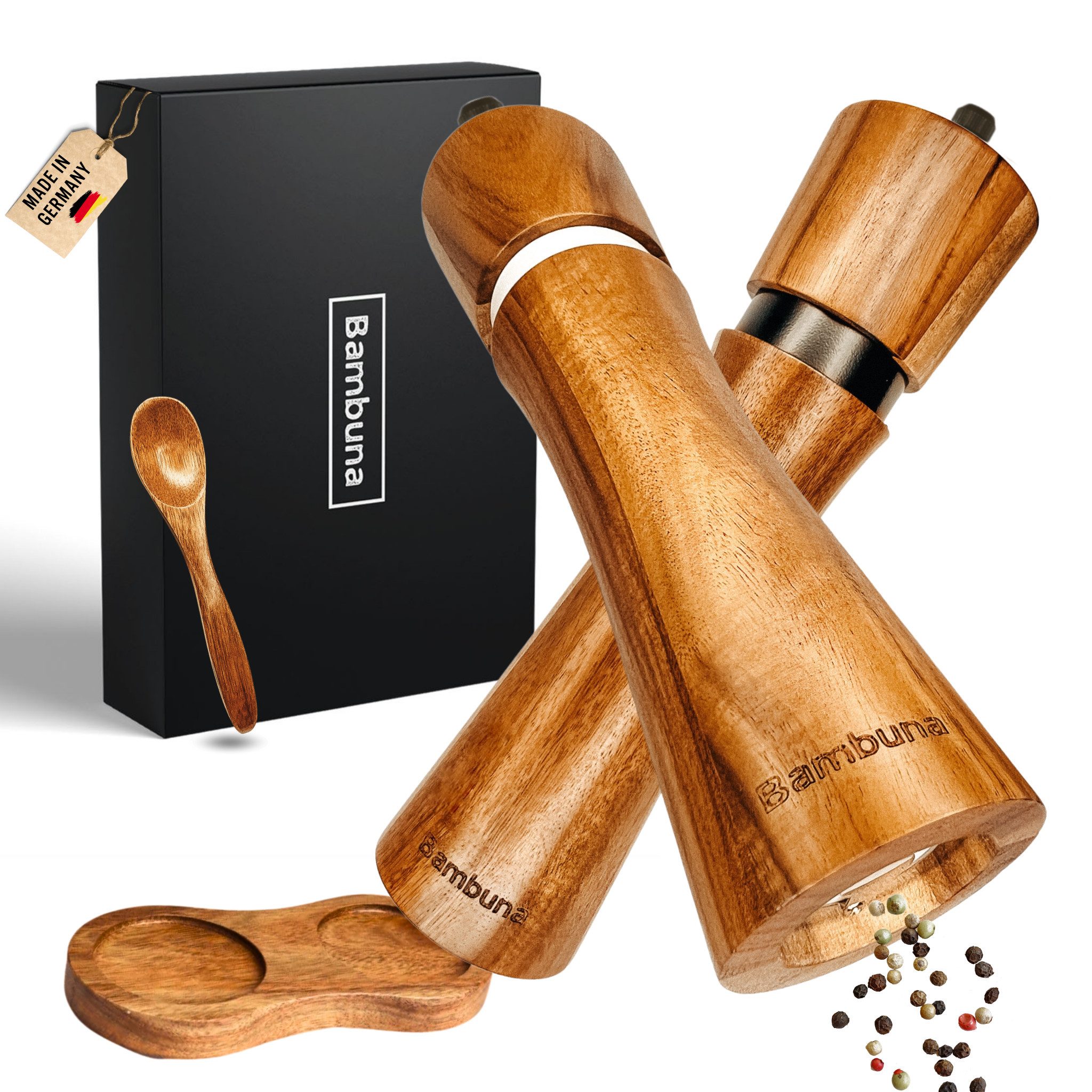 Bambuna Salz-/Pfeffermühle Мельницы для перца Set aus Holz, Große Мельницы для специй (22cm) aus Akazienholz manuell, Precision+ Keramikmahlwerk, hochwertige Geschenk- Box + Rezeptbuch