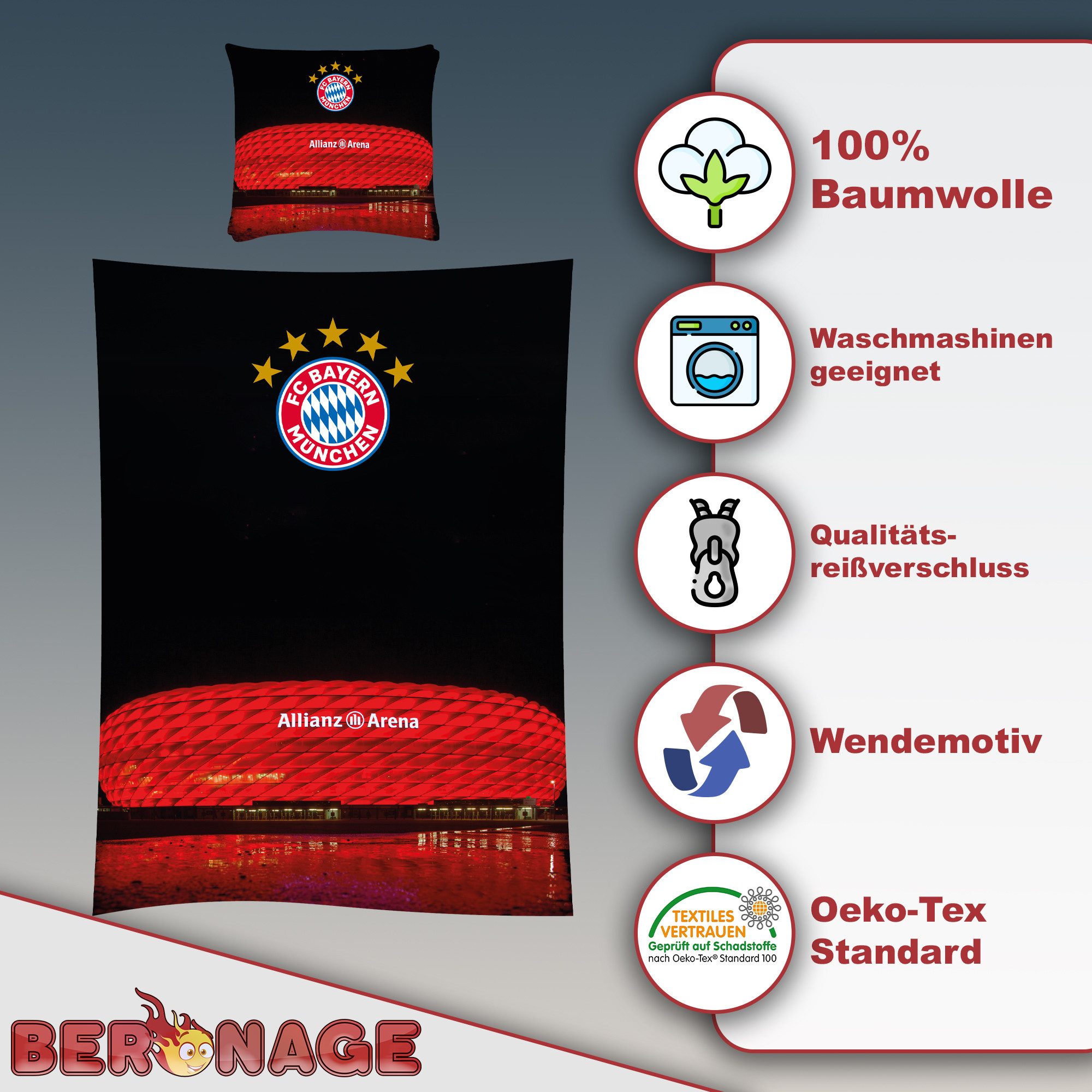 BERONAGE Kinderbettwäsche FC Bayern München Bettwäsche Allianz Arena Linon / Renforcé, 2 teilig, 135x200 + 80x80 cm