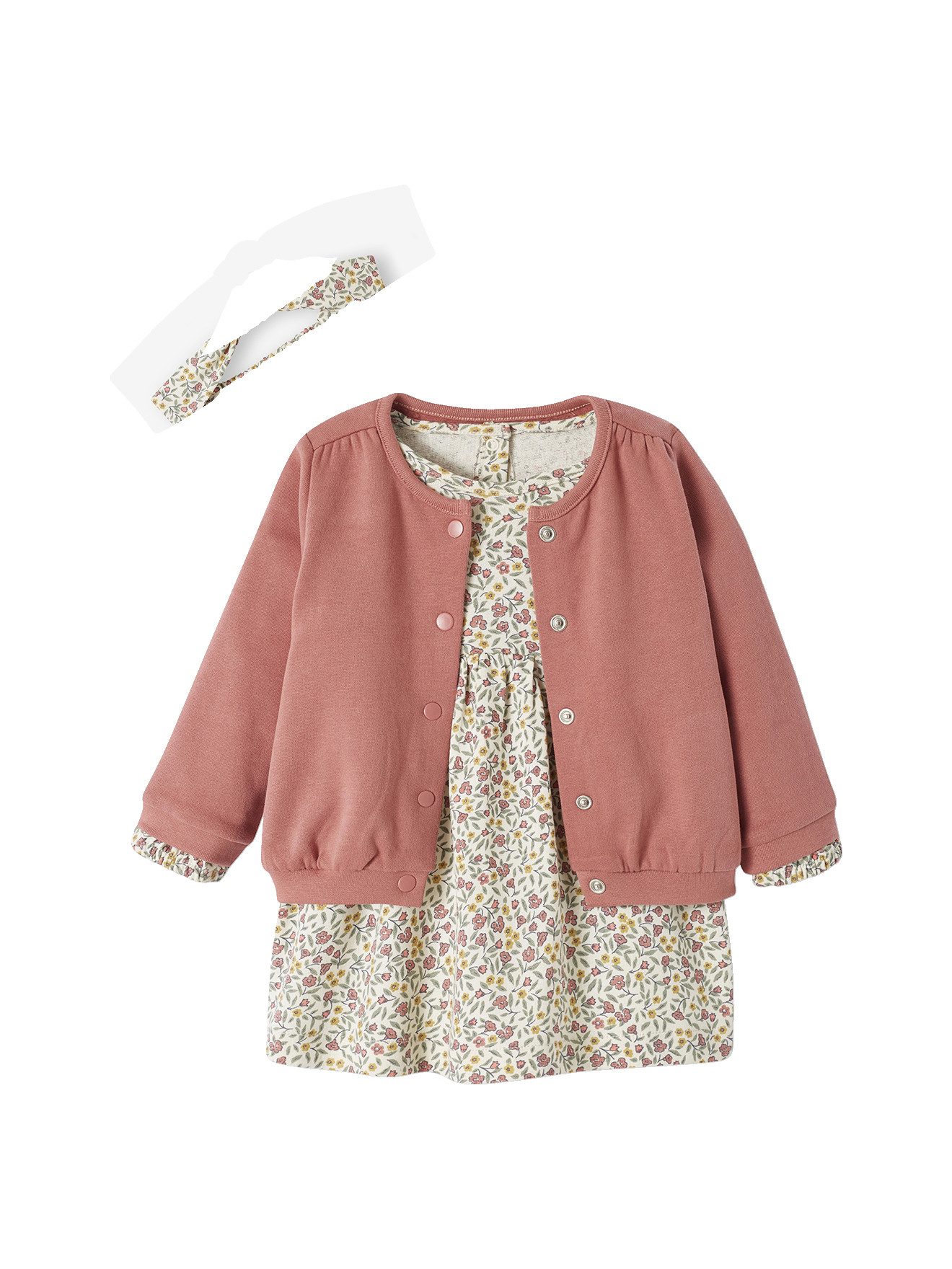 vertbaudet A-Linien-Kleid Mädchen Baby-Set: Kleid, Strickjacke & Haarband
