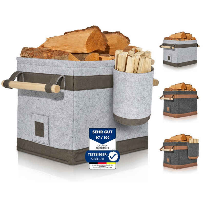 OAKAGE Kaminholzkorb Holzkorb für Kaminholz Groß aus veganem Leder Feuerholzkorb Kaminkorb (Set, 1 x Holzkorb + 1 x Zündholzkorb), Schmutzabweisendes Innenfutter und Lederboden