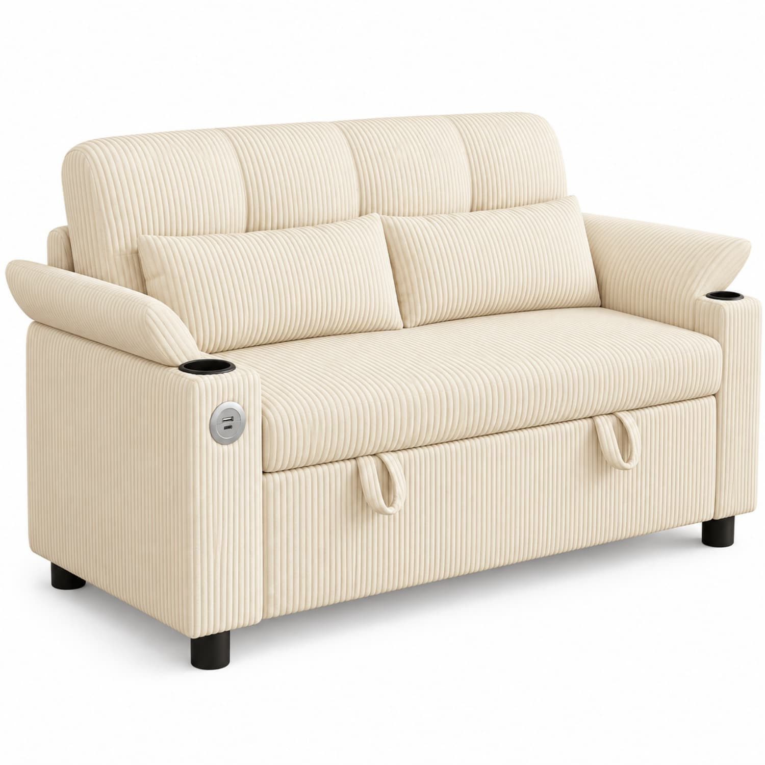 ANYSUN 2-Sitzer Cordsofa mit Stauraum, Taschenfederkern, USB/Type-C & Getränkehaltern, mit verstecktem Sitzstauraum, Armlehnen-Staufach & 360° Handyhalter