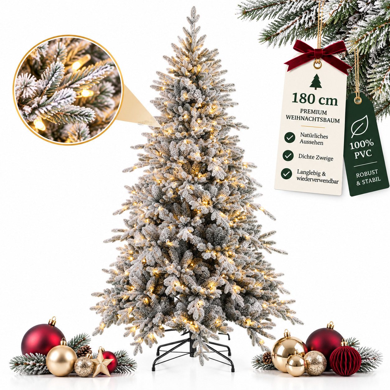 PHILODECO Künstlicher Weihnachtsbaum 180/210cm, 300–400 warmweiße LEDs, 8 Lichtmodi, 933–1287 Zweigspitzen, Künstlich