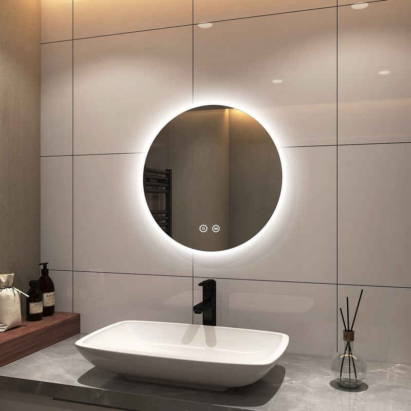 S'AFIELINA Badspiegel Runder Wandspiegel mit 3 Lichtfarbe+ Einstellbare Helligkeit, 50 cm,Touch-Schalter,3000/4000/6500K Lichtfarbe Dimmbar,Energiesparend