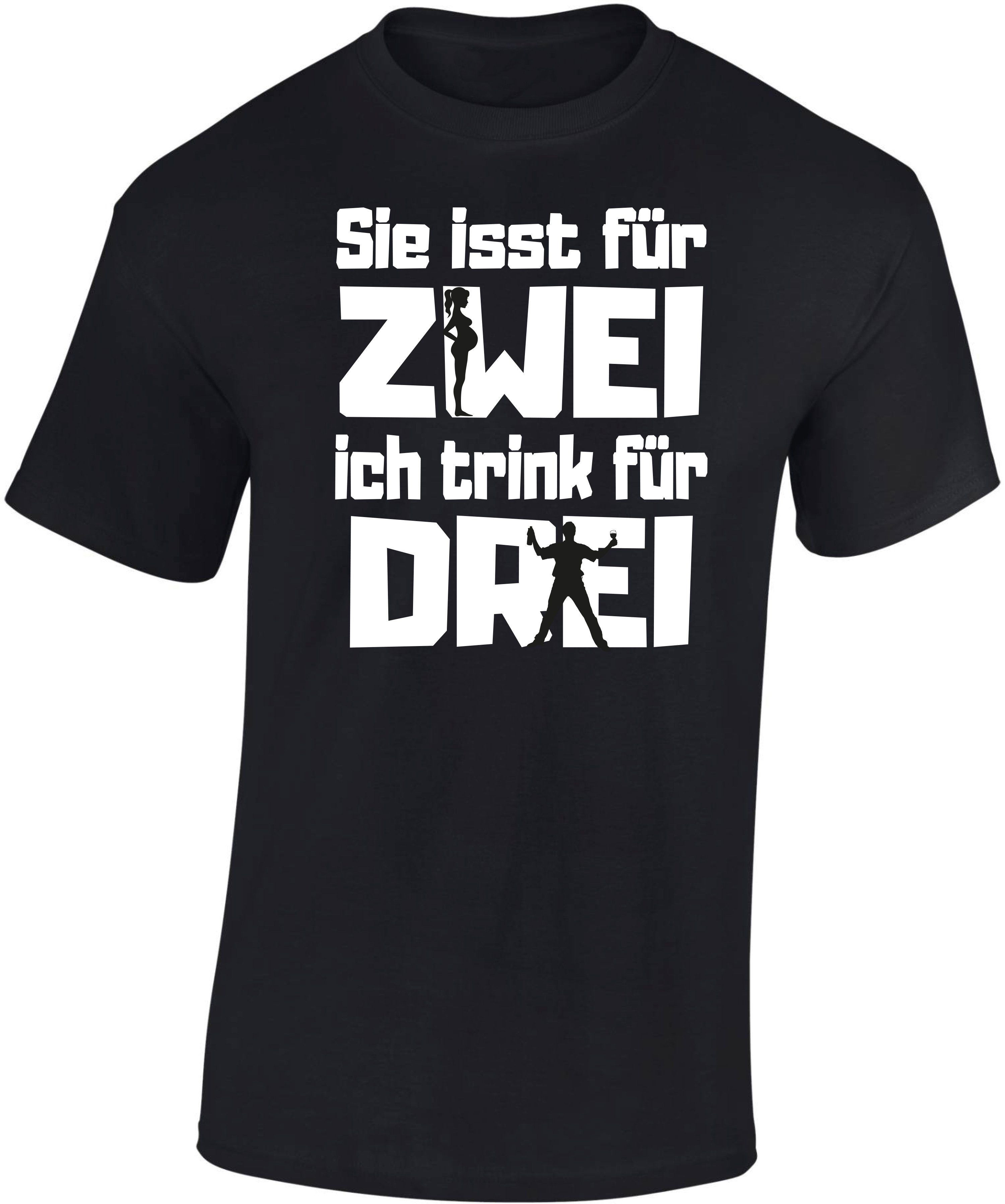 Baddery Print-Shirt Sie isst für zwei, ich trink für drei - Vater werden, Schwangerschaft, hochwertiger Siebdruck, auch Übergrößen, aus Baumwolle
