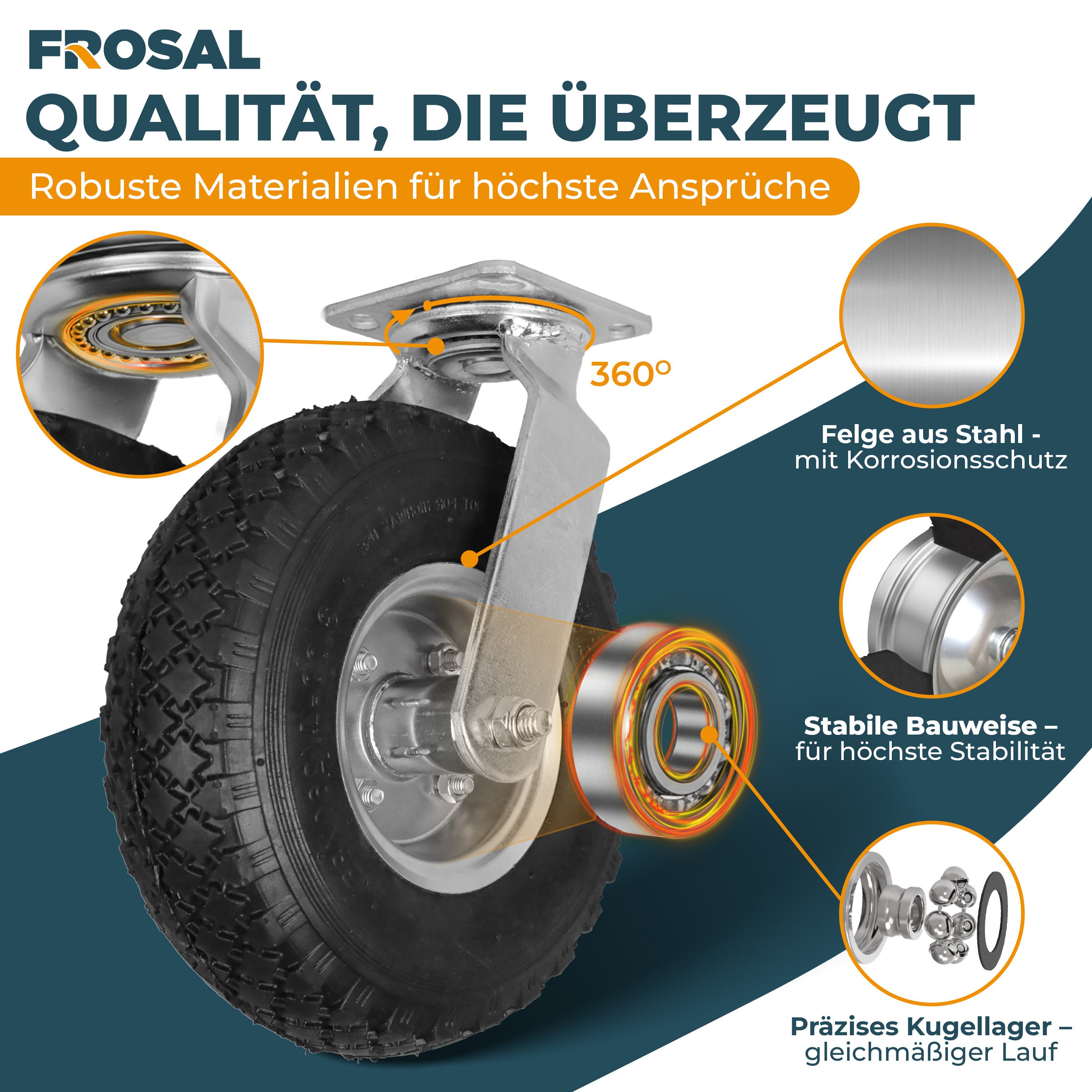 Frosal Lenkrolle 2 x FROSAL Bockrolle + 2 x Lenkrolle Set Ø 260 x 85 mm 4-tlg. Luftrad, (1-St) – Bild 3 von 5