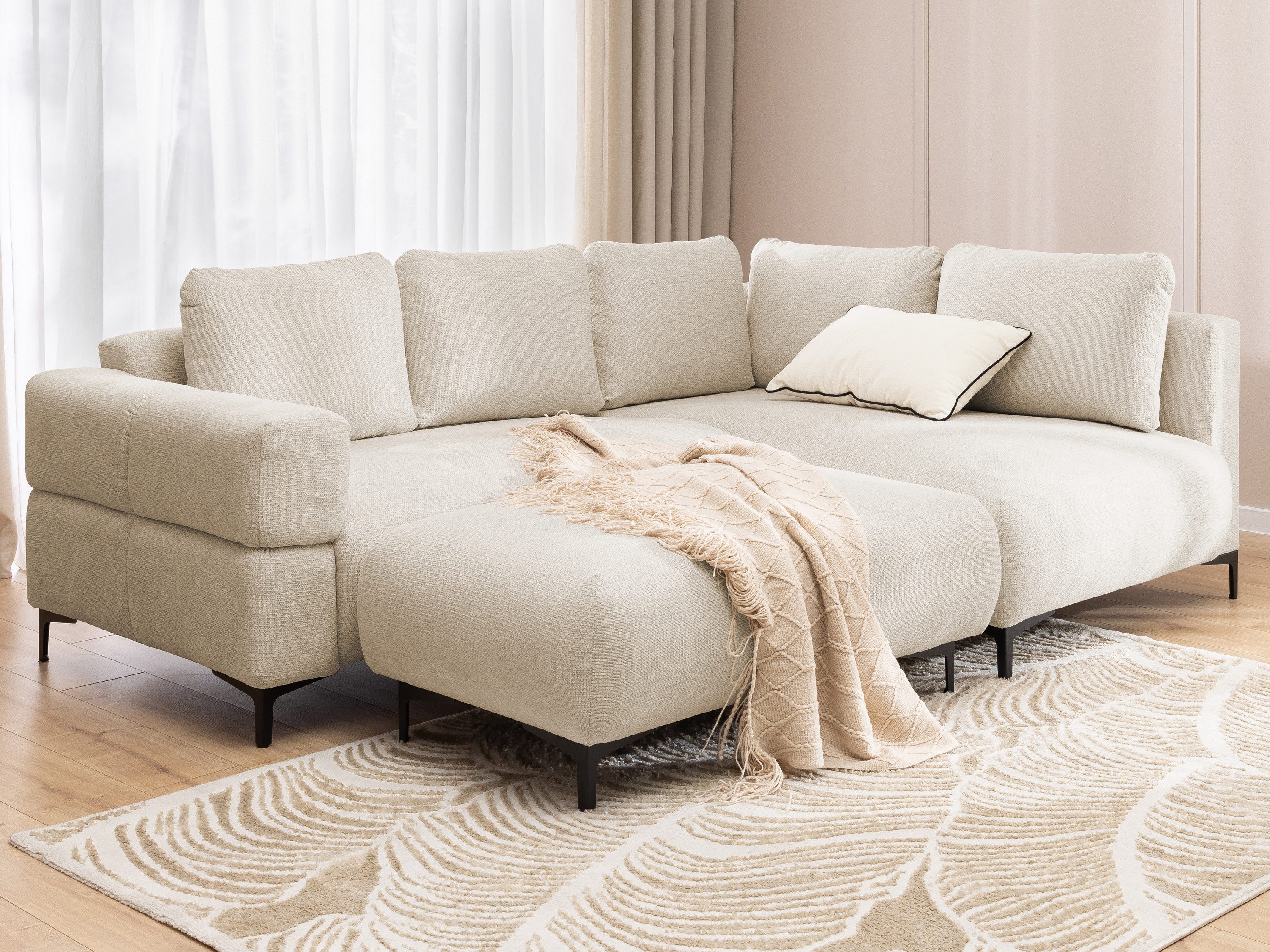 S-Style Möbel Ecksofa und Hocker Cardea mit Schlaffunktion in Bubble-Optik, aus weichem Strukturstoff, mit Wellenfederung