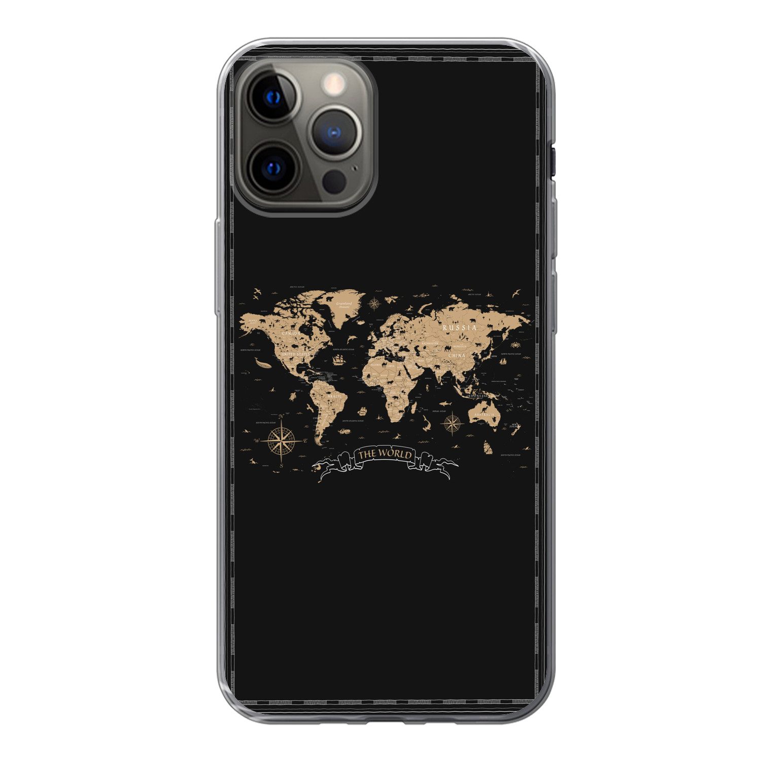 MuchoWow Handyhülle für Apple iPhone 13 Pro Weltkarte - Beige - Schwarz, Smartphone-Bumper, Print, Handy Schutzhülle Dünn