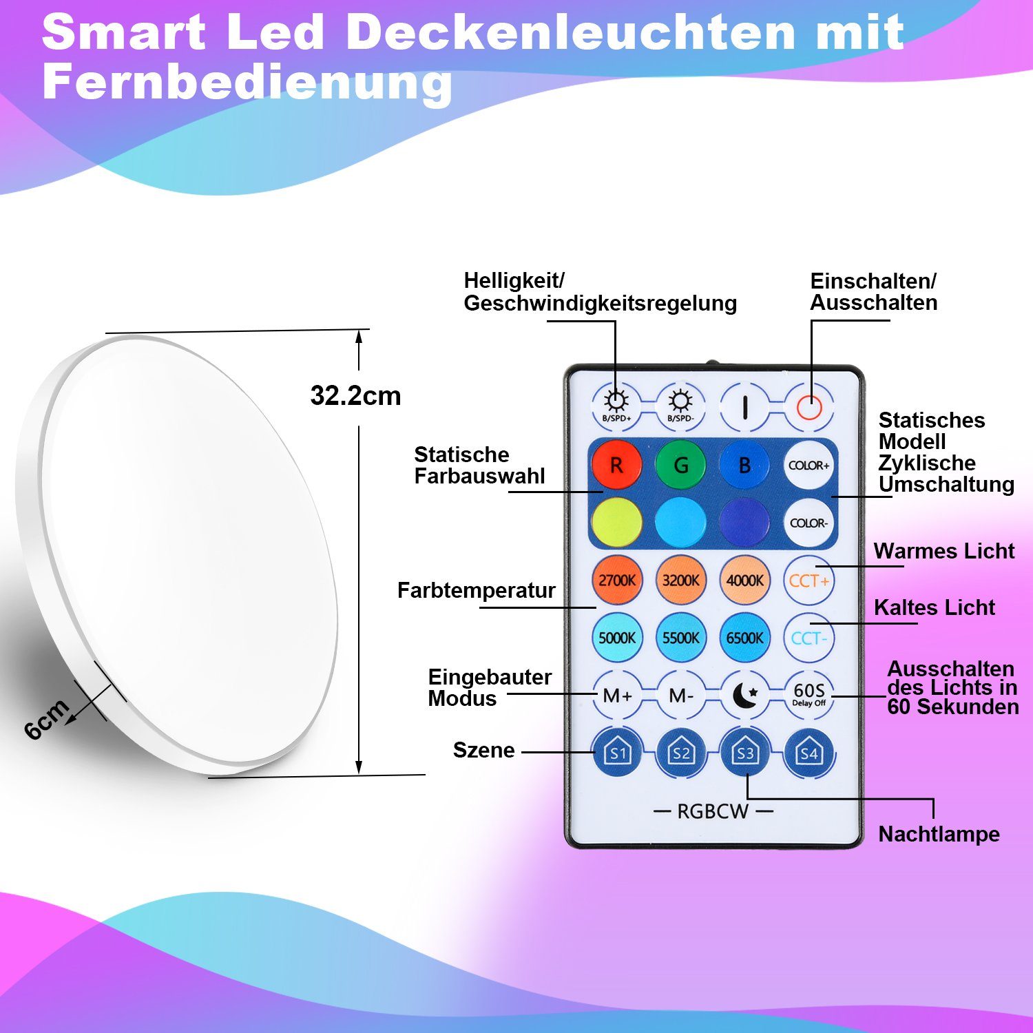 Bettizia LED Deckenleuchte 30W RGB LED Deckenleuchte WIFI Zeitplan  Wohnzimmer Deckenlampe | Deckenlampen