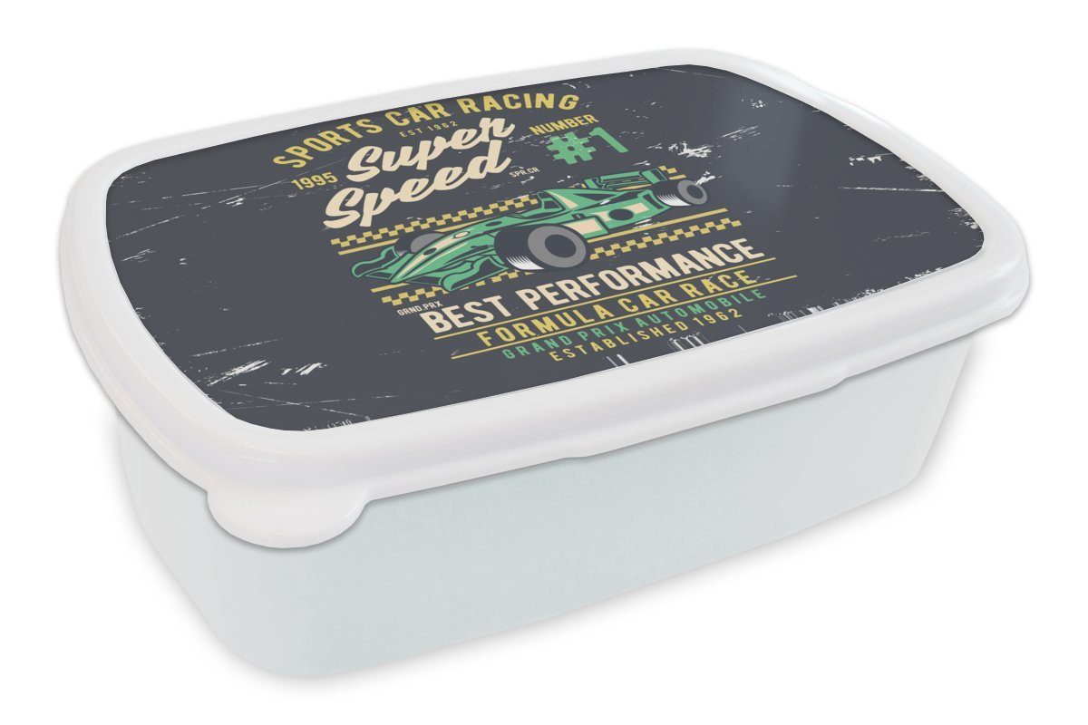 MuchoWow Lunchbox Auto - Rennstrecke - Oldtimer, Kunststoff, (2-tlg), Brotbox für Kinder und Erwachsene, Brotdose, für Jungs und Mädchen weiß