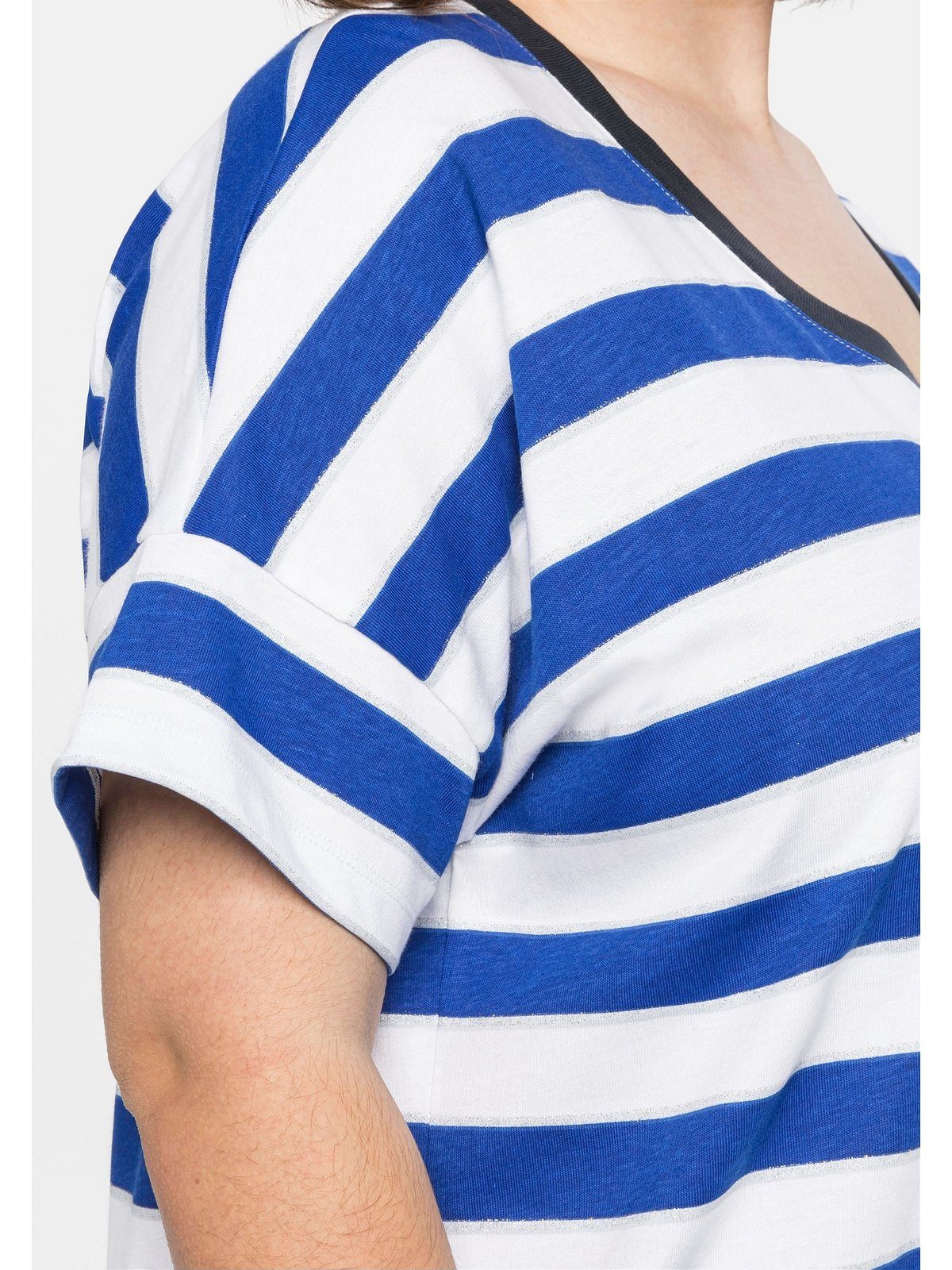 T-Shirt mit in Sheego Oversize-Form royalblau-weiß Größen Glitzergarn, Große