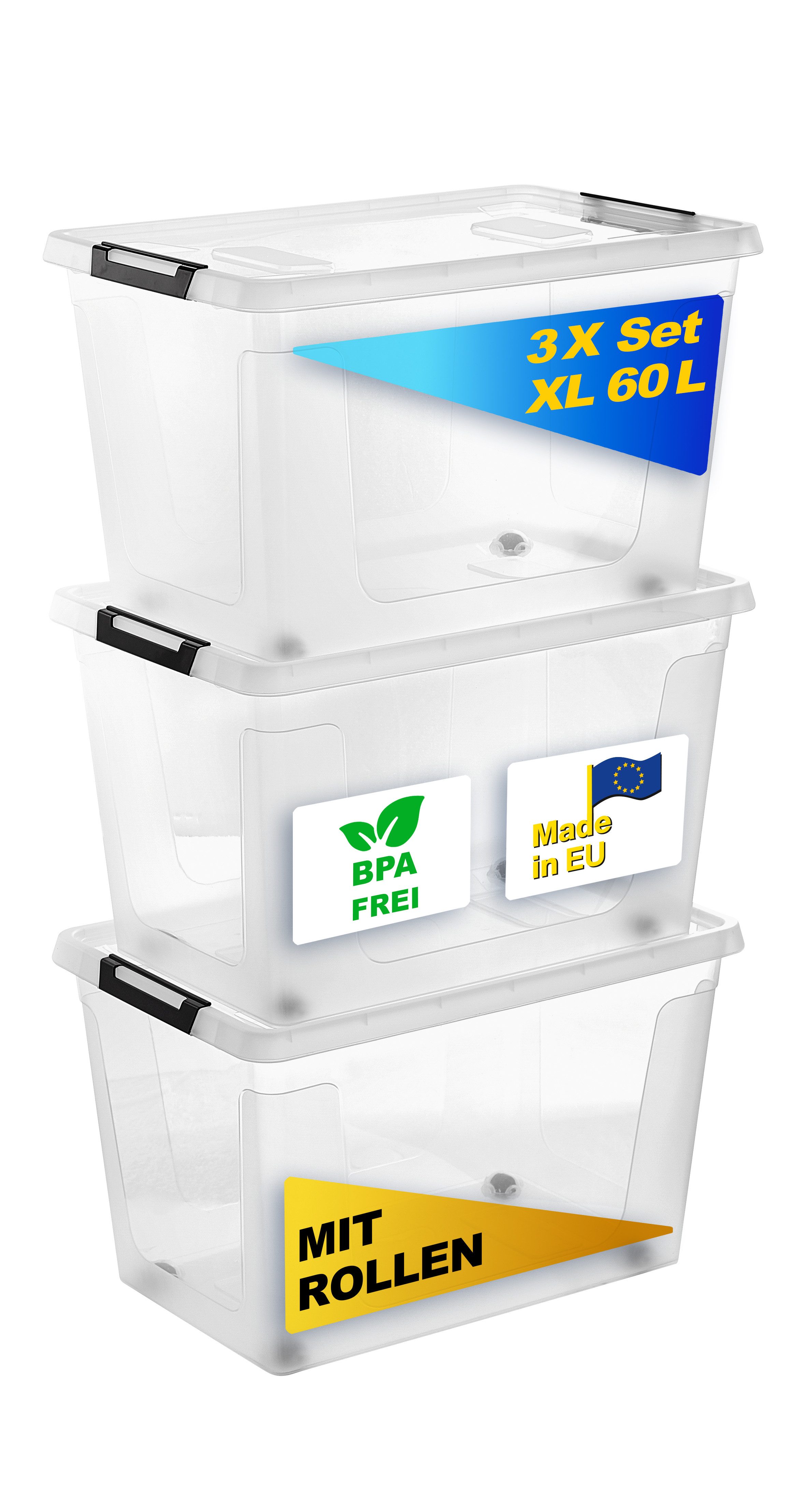 Gardissimo Aufbewahrungsbox 3 er Set mit Deckel "Clip" 60 Liter Kunststoff günstig online kaufen