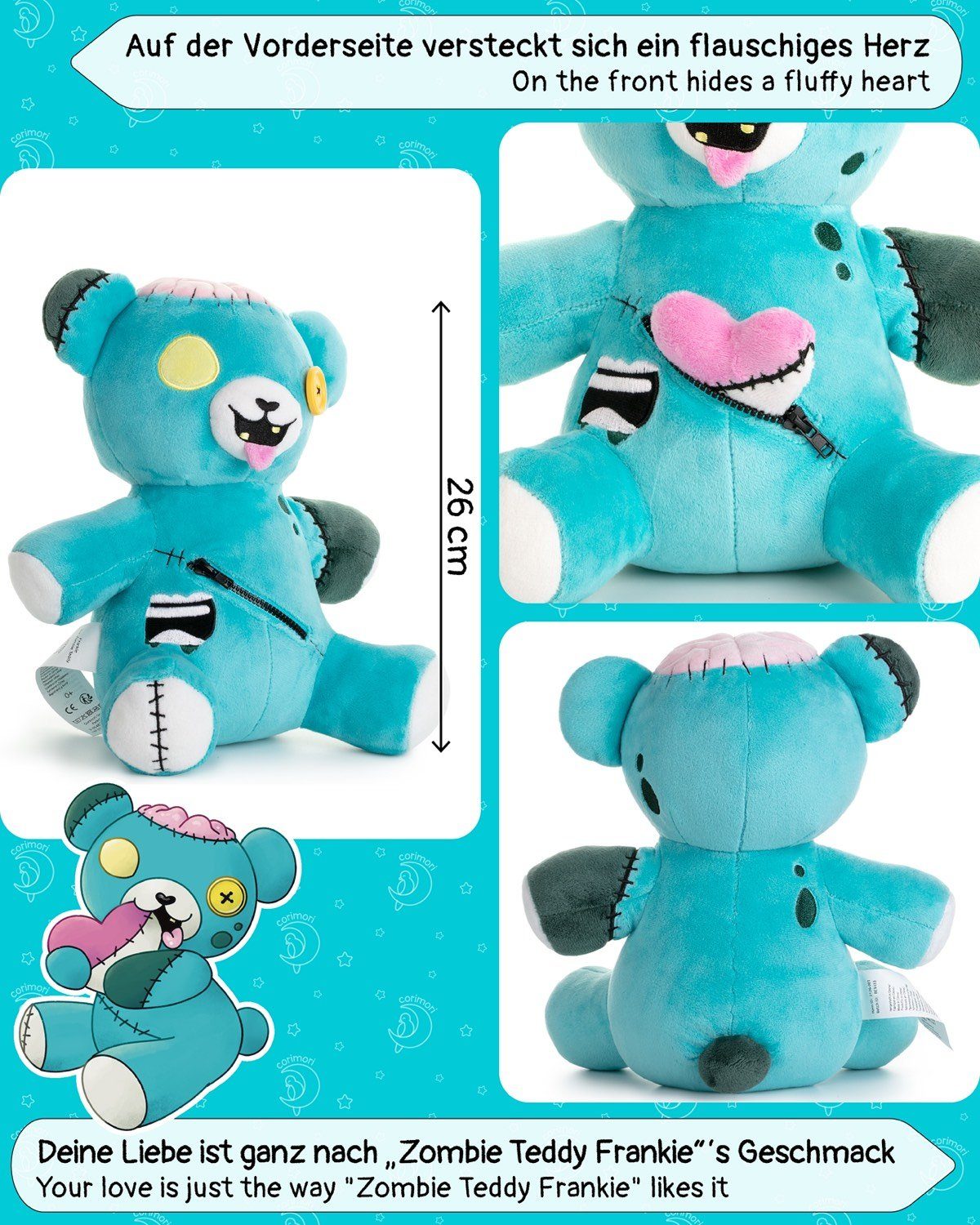 Corimori Kuscheltier Frankie der Zombie-Teddy, 27cm Stofftier (Geschenk, Packung, Geschenk), Plüschtier, Plüsch Zombie Teddy, Teddybär, Kuscheltier, Bär, türkis