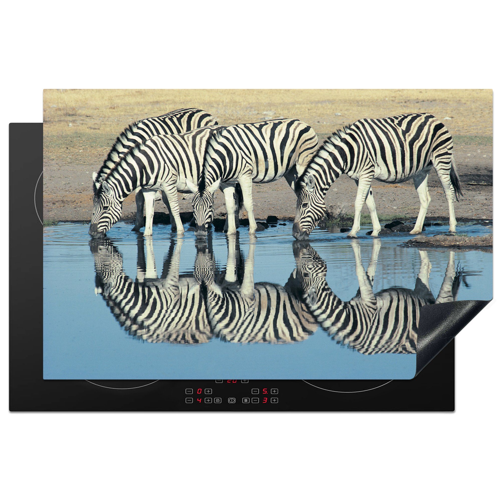 Zebra - Spiegelung die tlg), küche, 81x52 - - für (1 Ceranfeldabdeckung Vinyl, Savanne, cm, Induktionskochfeld Herdblende-/Abdeckplatte Schutz Wasser MuchoWow