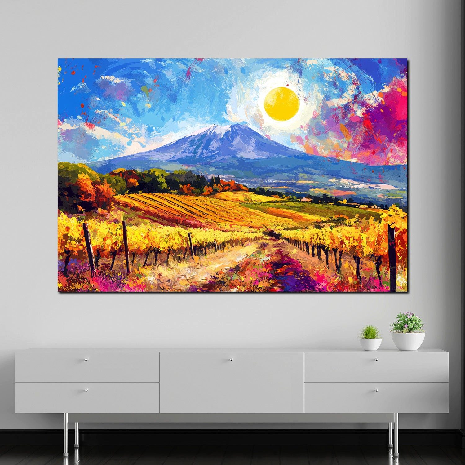 Artedinoi Leinwandbild Pop Art Weinberge Sonne Berge Natur farbenfroh Wandbild Leinwandbild W, Weinberge, farbenfroh
