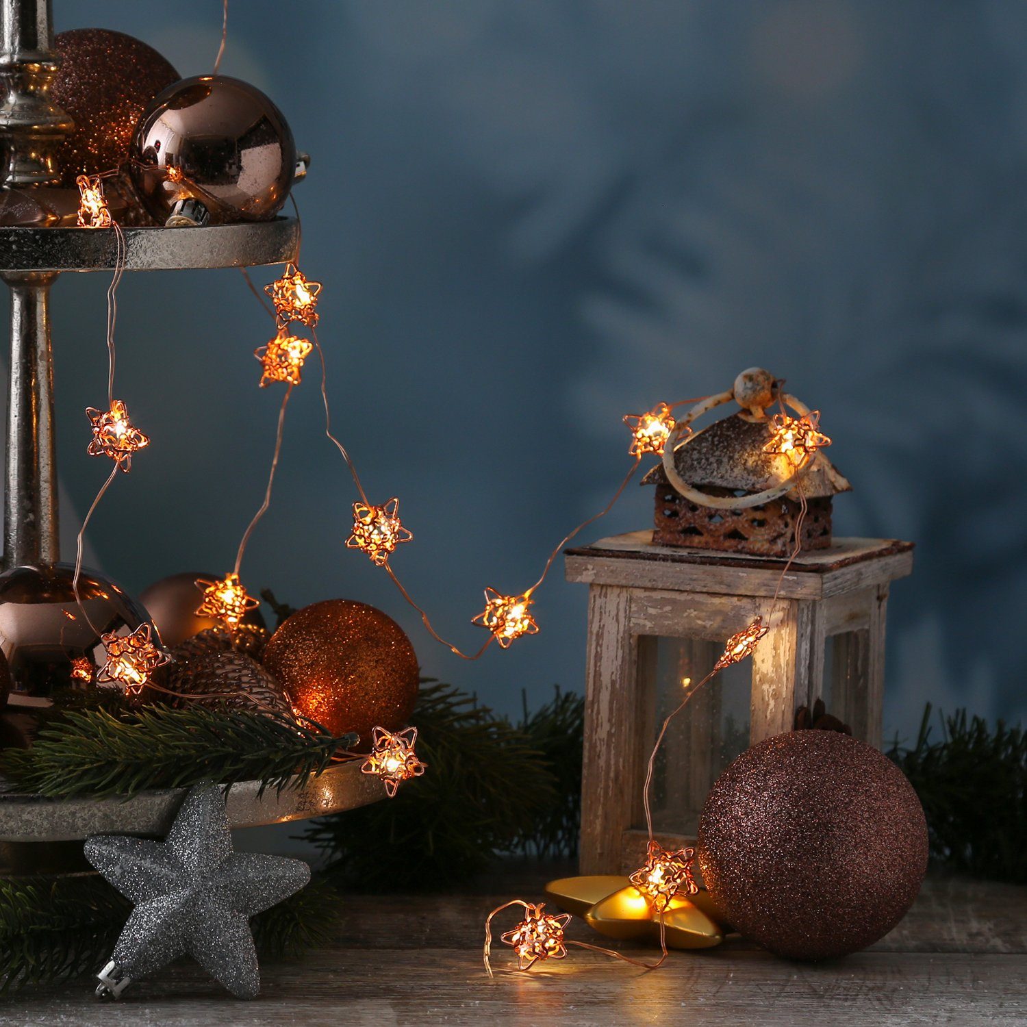 20LED Draht kupfer, Dekolichterkette MARELIDA 20-flammig Weihnachtsdeko LED-Lichterkette Sterne