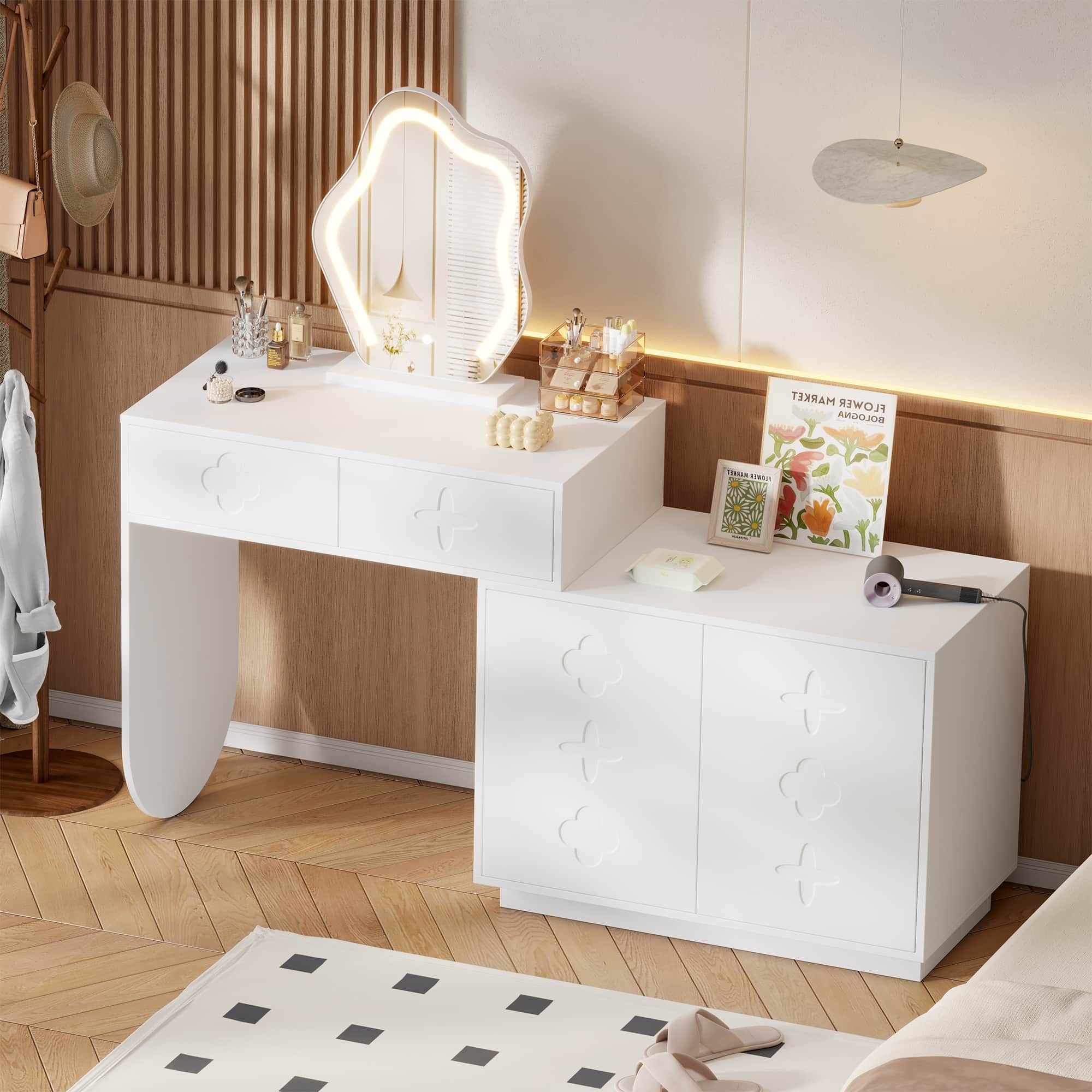 ANYSUN Schminktisch mit LED, 3-stufig verstellbarer Seitenschrank, 2 Schubladen, Weiß (Schminktisch mit LED-Spiegel und flexiblem Seitenschrank, Einzelschminktisch mit LED-Spiegel und Seitenschrank), LED Kosmetiktisch mit Spiegel & Schrank, 160x40x132 cm viel Stauraum