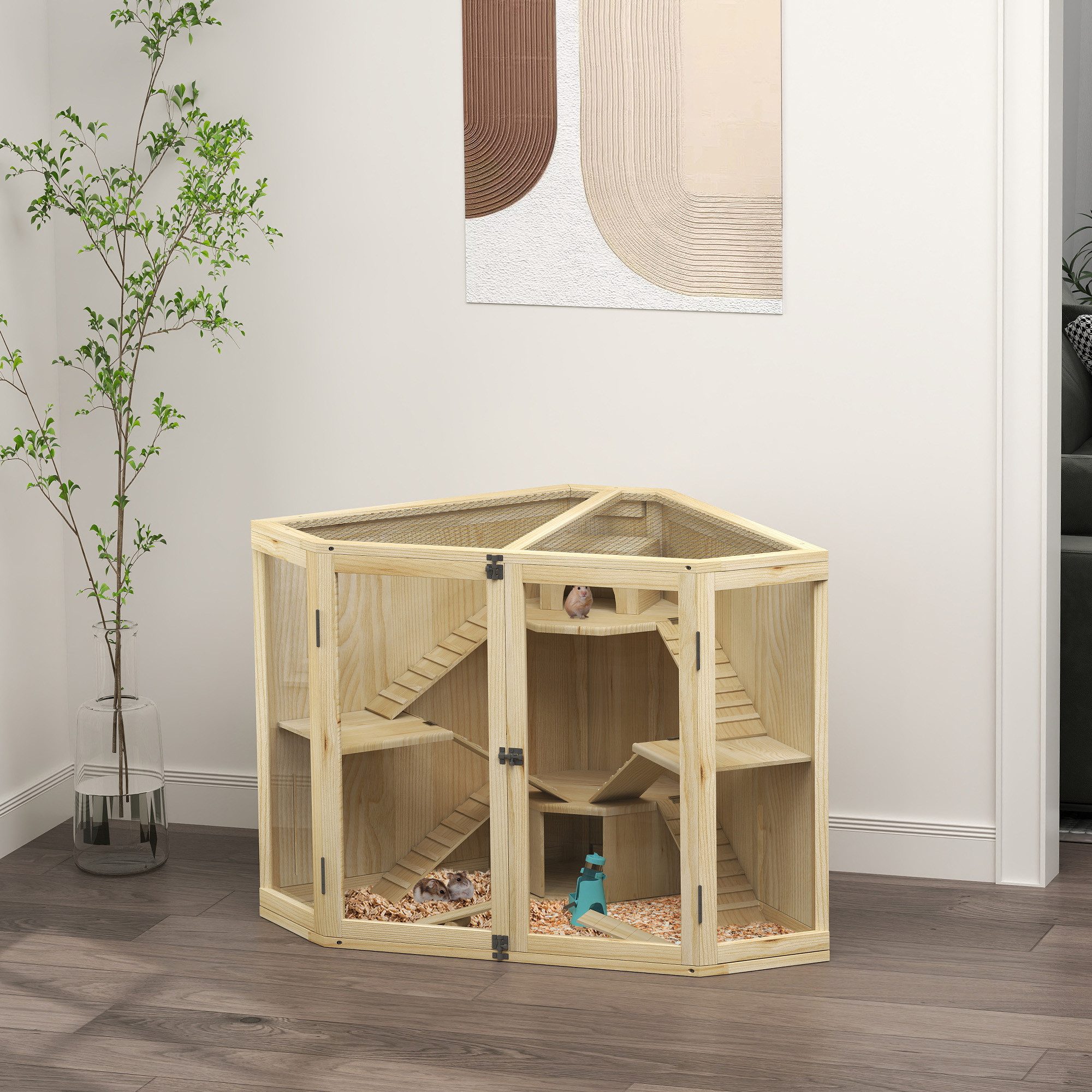 PawHut Kleintierkäfig 4-Ebenen-Design, mit Fütterungsstation, Wippe, Rampe, Hütten, 115 x 69,5 x 79 cm, Holz