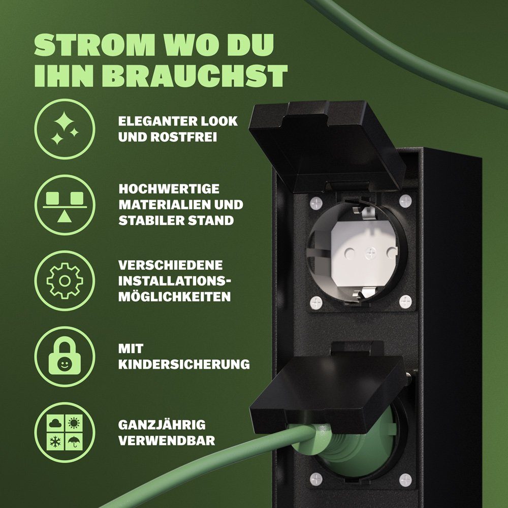 monzana Gartensteckdose, 2-fach IP44 Metallspieß Witterungsbeständig Garten Edelstahl Schwarz