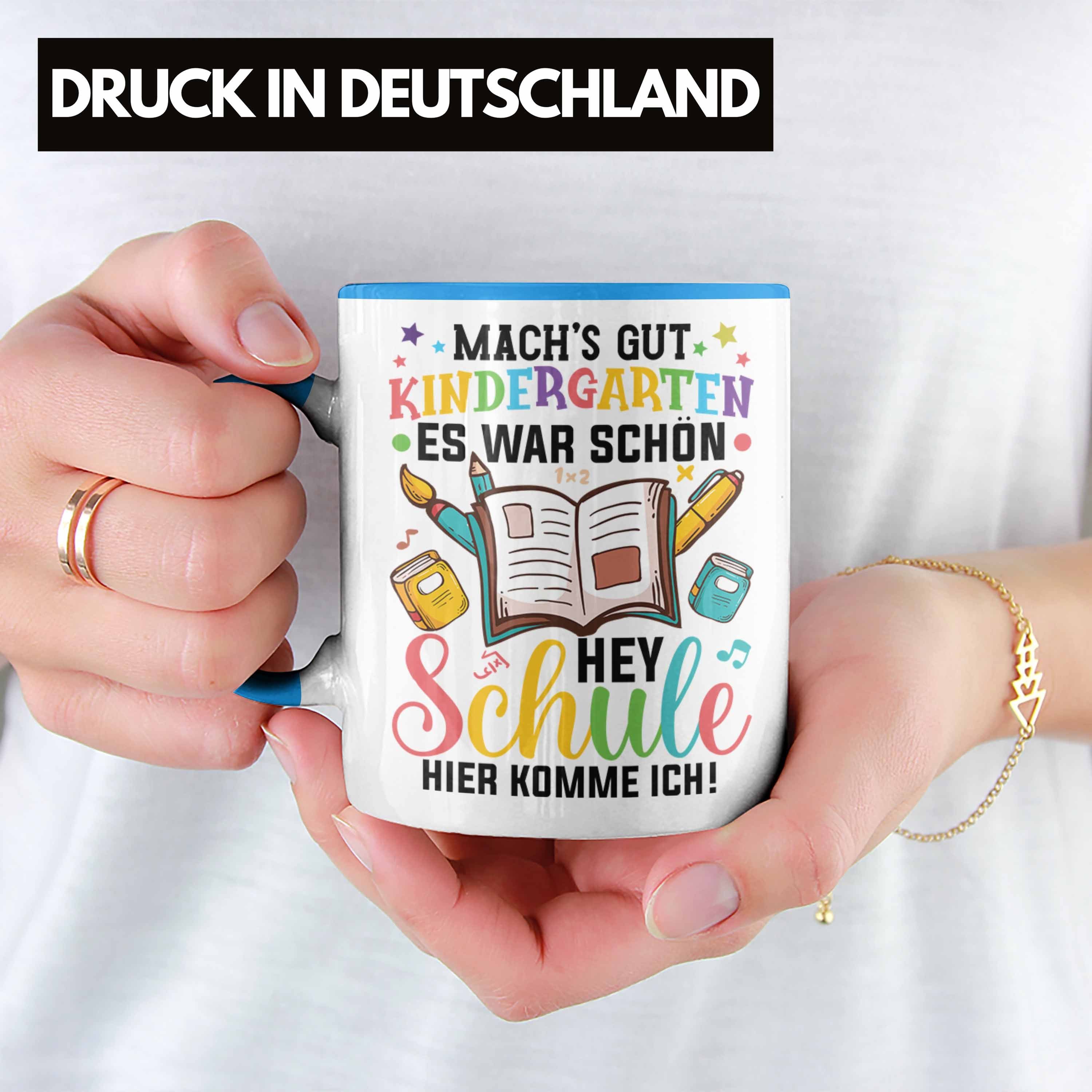 Grundschule Erster Schultag Einschulung - Tschüss Kinderkarten Hallo Tasse Blau Trendation zur Trendation Geschenk Tasse