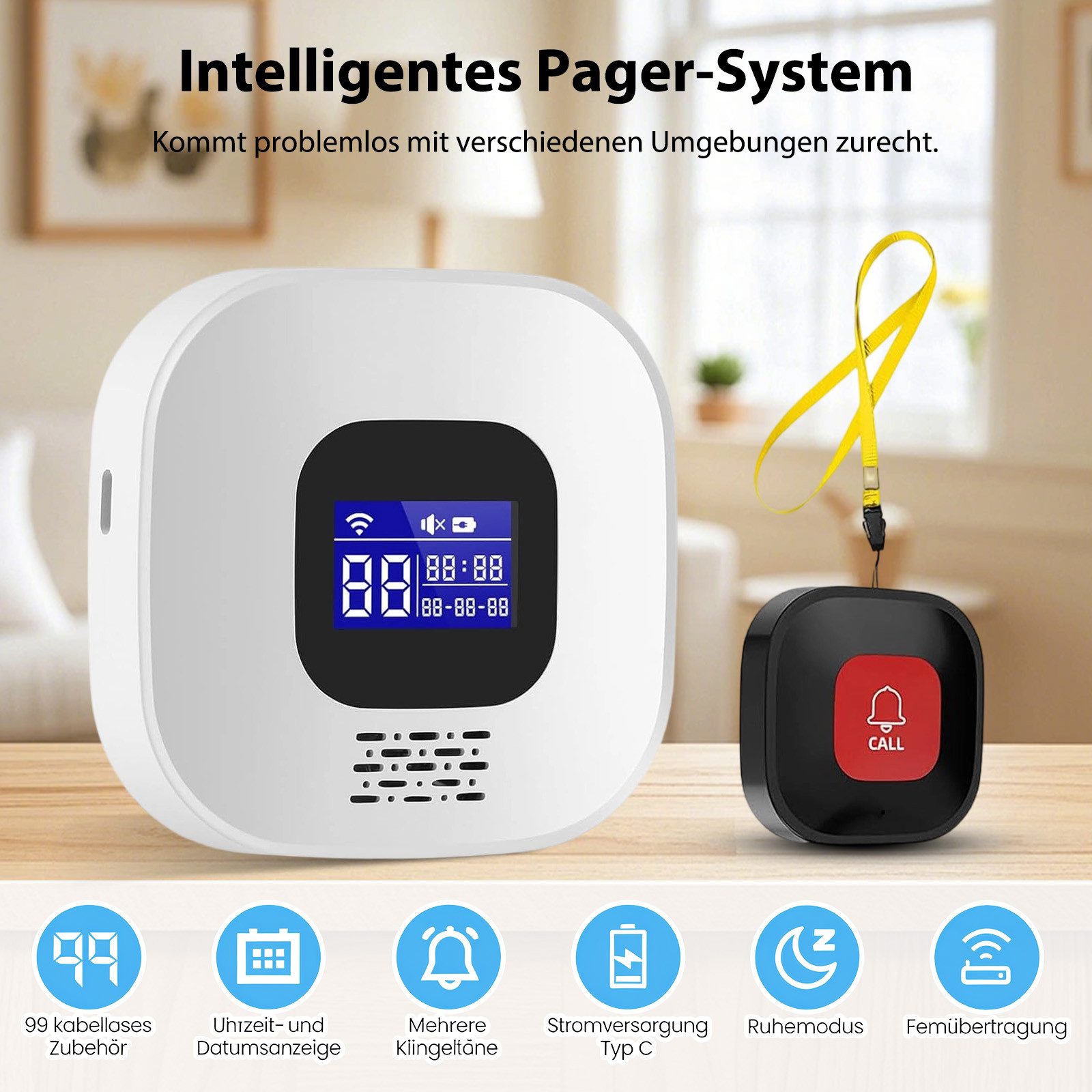 AKKEE Alarm Notruf Knopf Senioren Notrufknopf Hausnotruf, LCD-Display Alarmanlage (WiFi-Hausnotruf-Senioren-SOS-Armband, Hausnotruf für Angehörige)