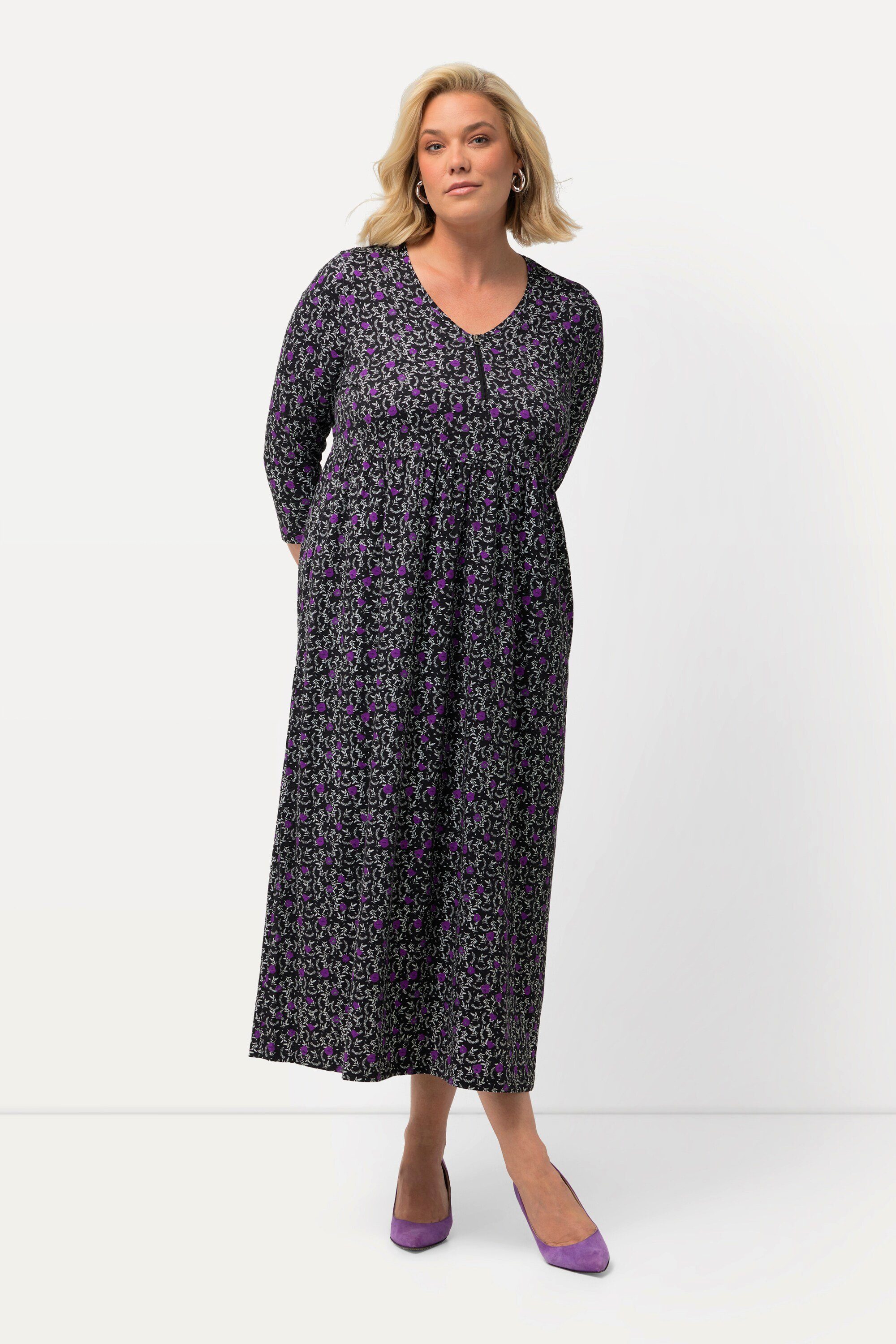 Maxikleid Jerseykleid Blüten A-Linie V-Ausschnitt 3/4-Arm
