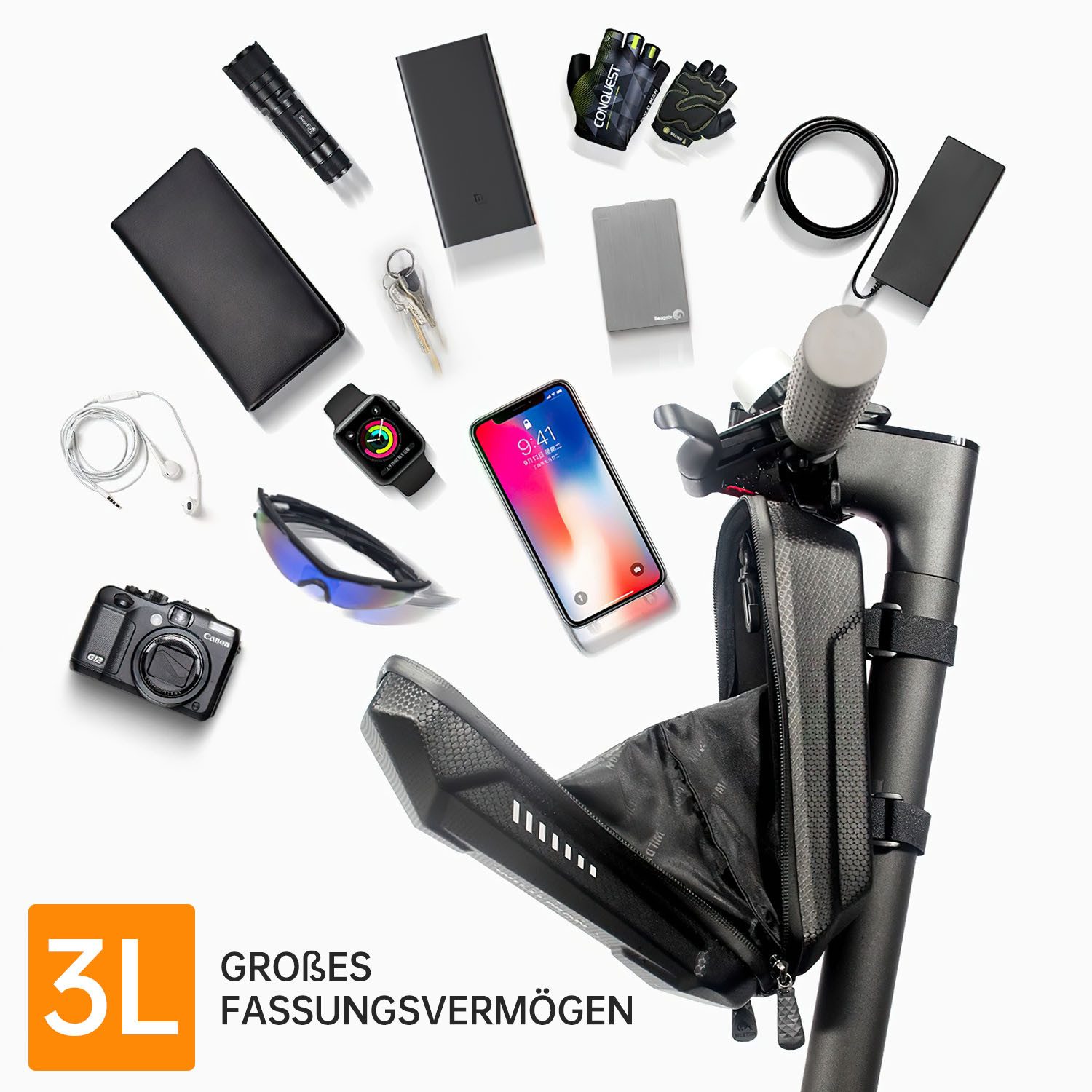 Refined Living Fahrradtasche E Scooter Tasche 3L Große Kapazität Schnellverschluss Wasserdichte (Lenkertasche wasserdicht mit Tragegriff für E-Scooter Elektroroller, 1-tlg., E Roller Tasche Eva Taschen für Scooter E roller zubehör), Vordertasche für Elektroroller Roller Tasche Front Tube Bag