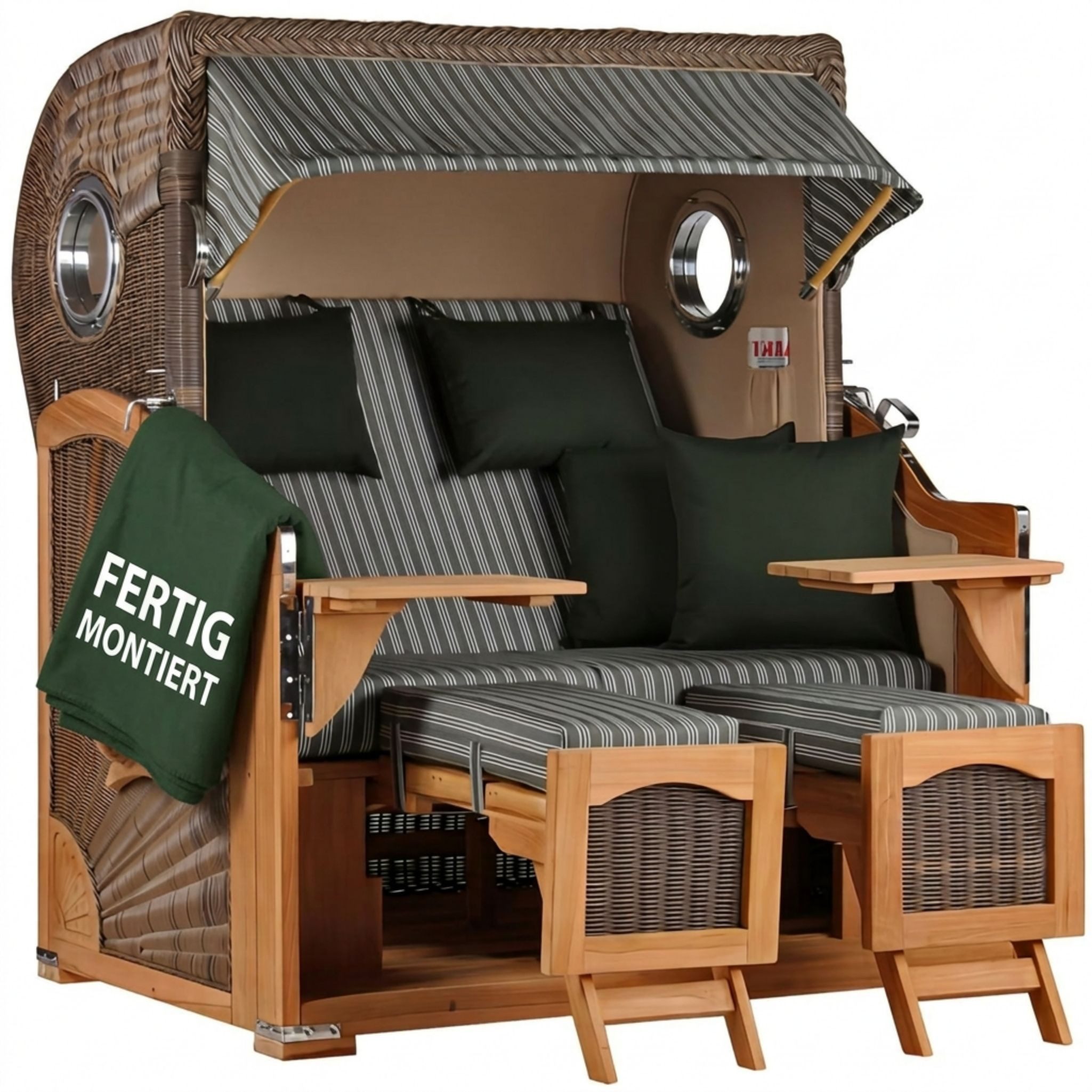 MR.DEKO Strandkorb Düne 2-Sitzer Teak Bullauge wetterfest PE-Geflecht grey, BxTxH: 125x80x170 cm, Düne, Düne, (Fertig montierter Strandkorb für Garten, Terrasse & Balkon), Wetterfester Volllieger mit Edelstahlbeschlägen & waschbaren Polstern