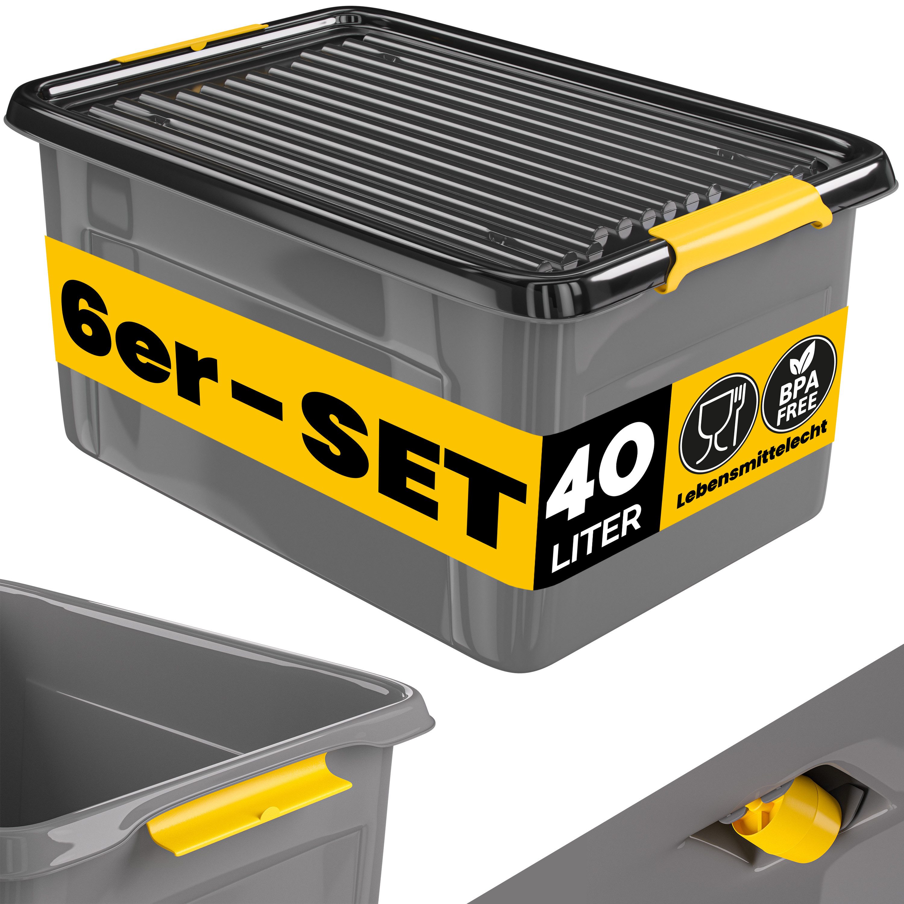 monzana Aufbewahrungsbox, 6x 40L Deckel 40kg belastbar stapelbar stabil BPA frei Kunststoffbox