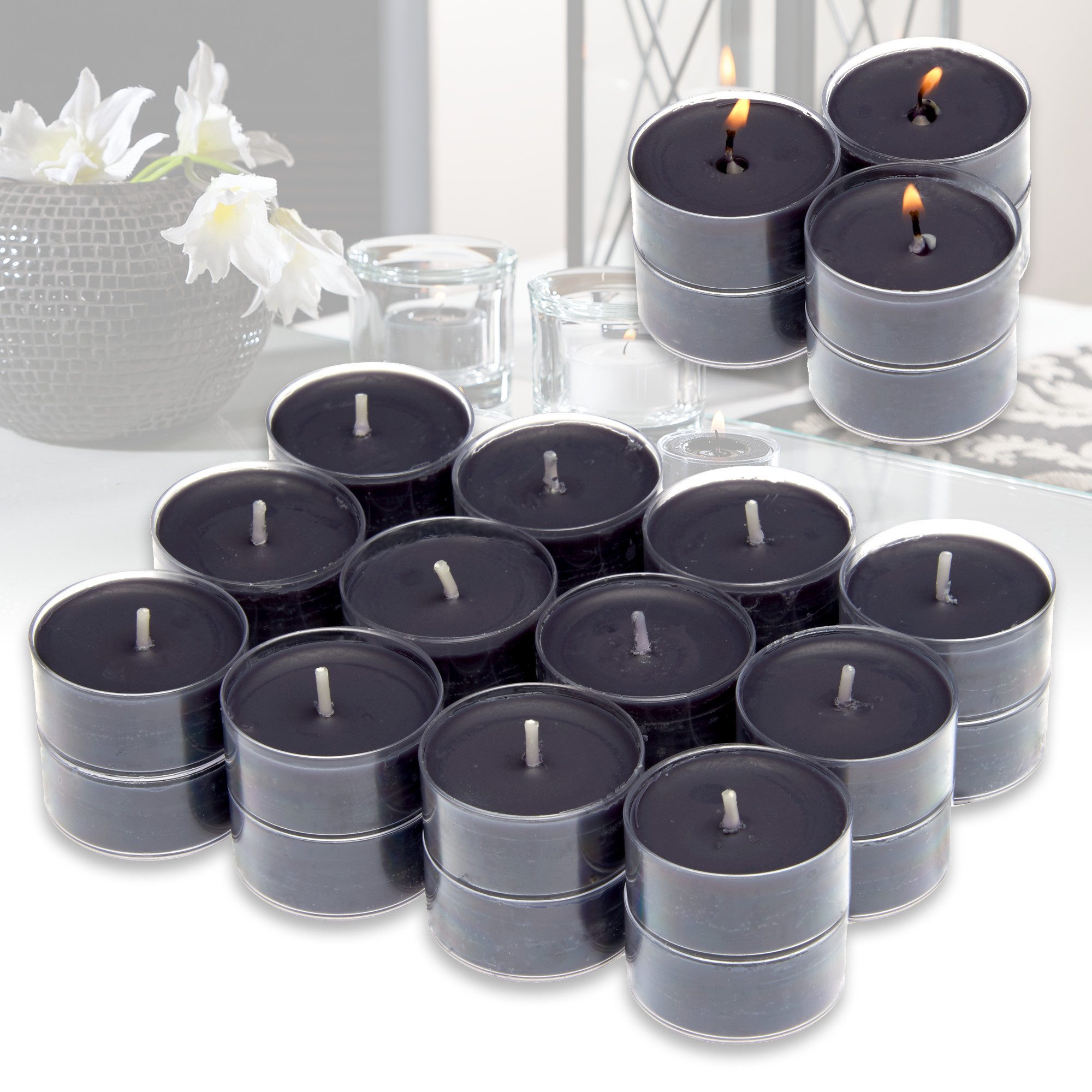 Candelo Teelicht 24er Set Duft Kerzen Ambiente – Duftteelichter Black Rose (24-tlg), Teelichter Schwarz - Kunststoff Hülle je 3,8x1,7cm - 4 Std Brenndauer